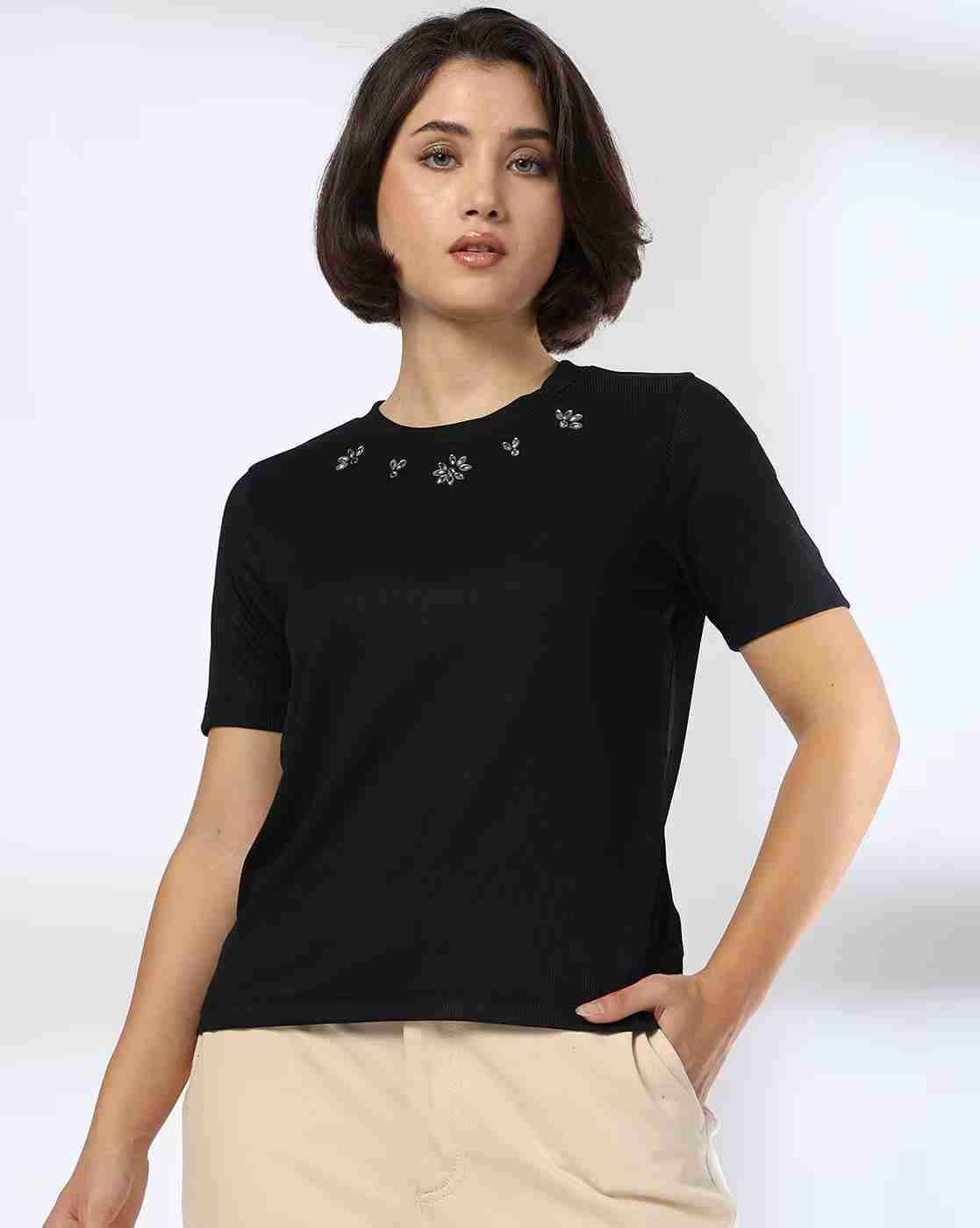 FIG | Women Ribbed Slim Fit Crew-Neck T-Shirt with Front Rhin|0