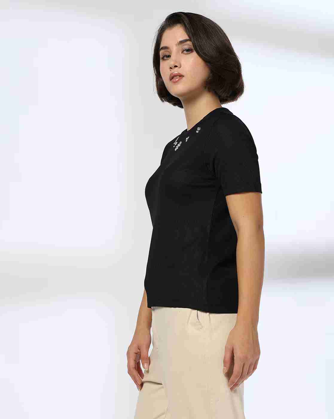 FIG | Women Ribbed Slim Fit Crew-Neck T-Shirt with Front Rhin|1