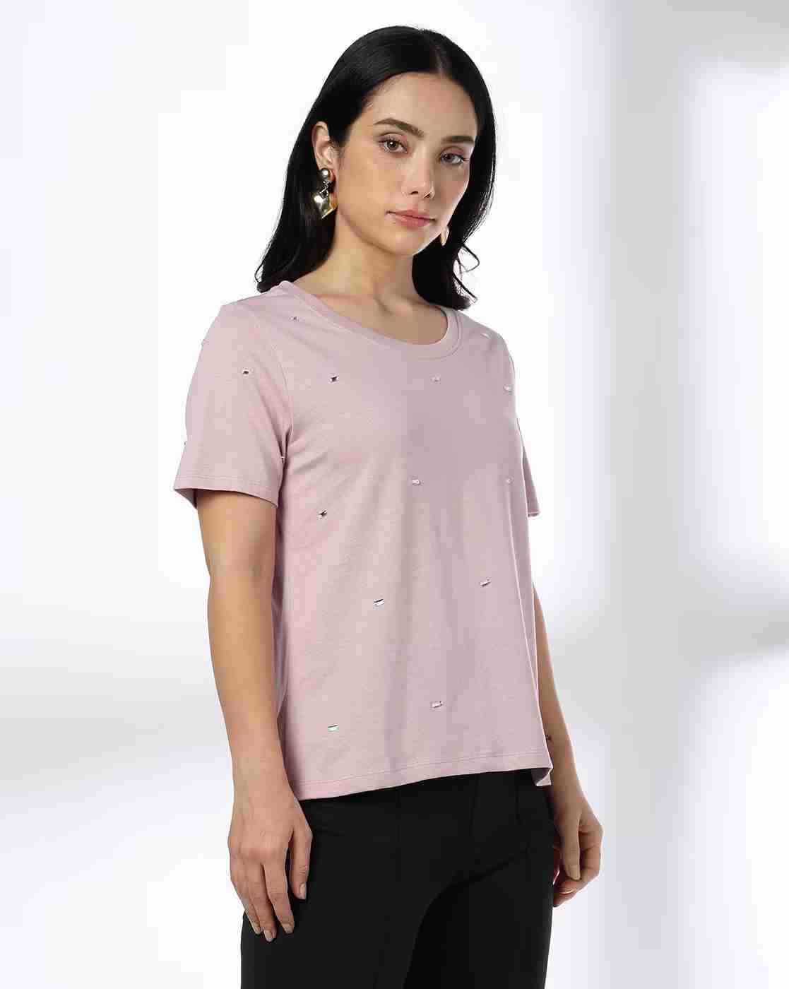 FIG | Women Embellished Slim Fit Crew-Neck T-Shirt|1