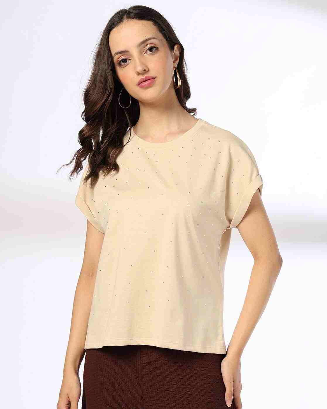 FIG | Women Polka-Dot Print Slim Fit Round-Neck T-Shirt|0