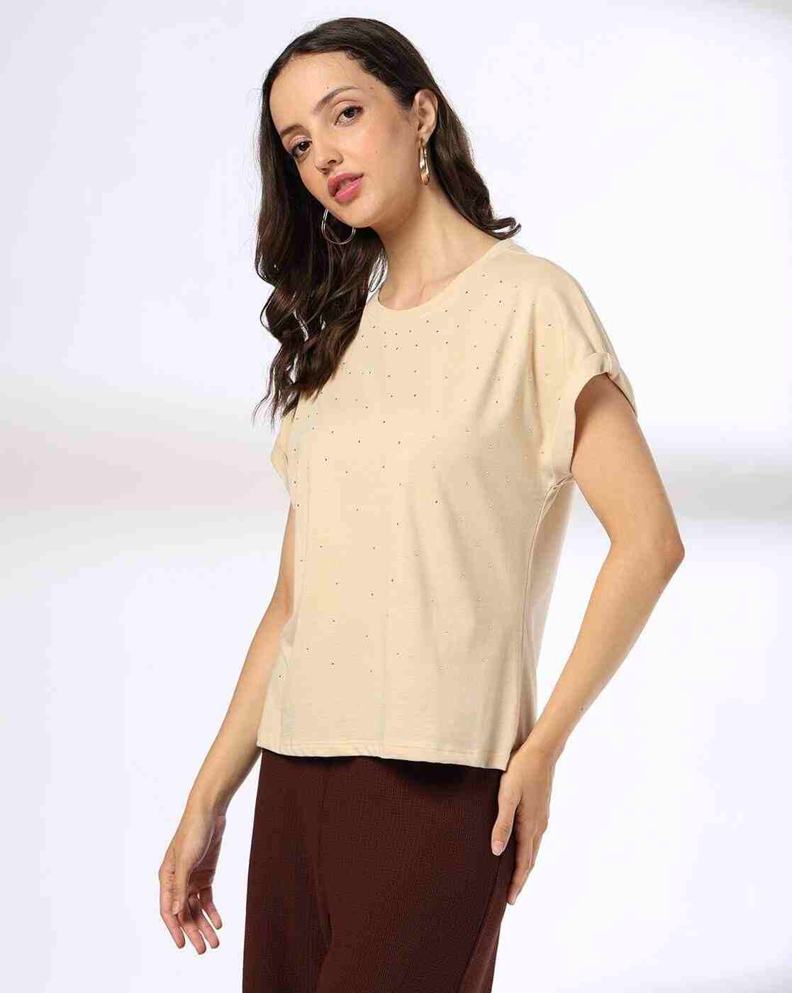 FIG | Women Polka-Dot Print Slim Fit Round-Neck T-Shirt|1