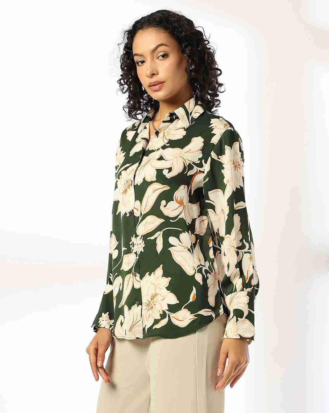 FIG | Women Floral Print Relaxed Fit Satin Shirt|1