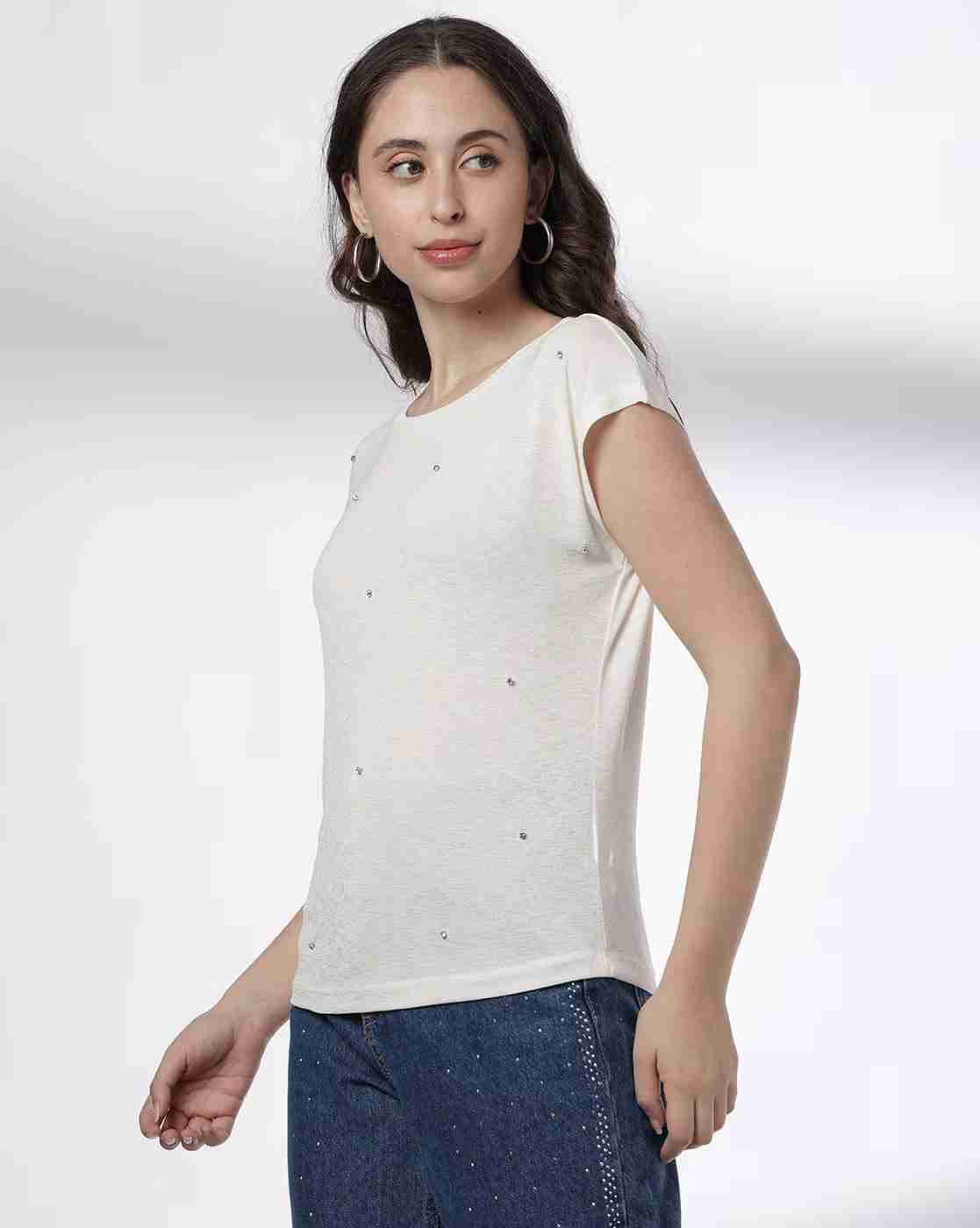 FIG | Women Embellished Slim Fit Crew-Neck T-Shirt|1