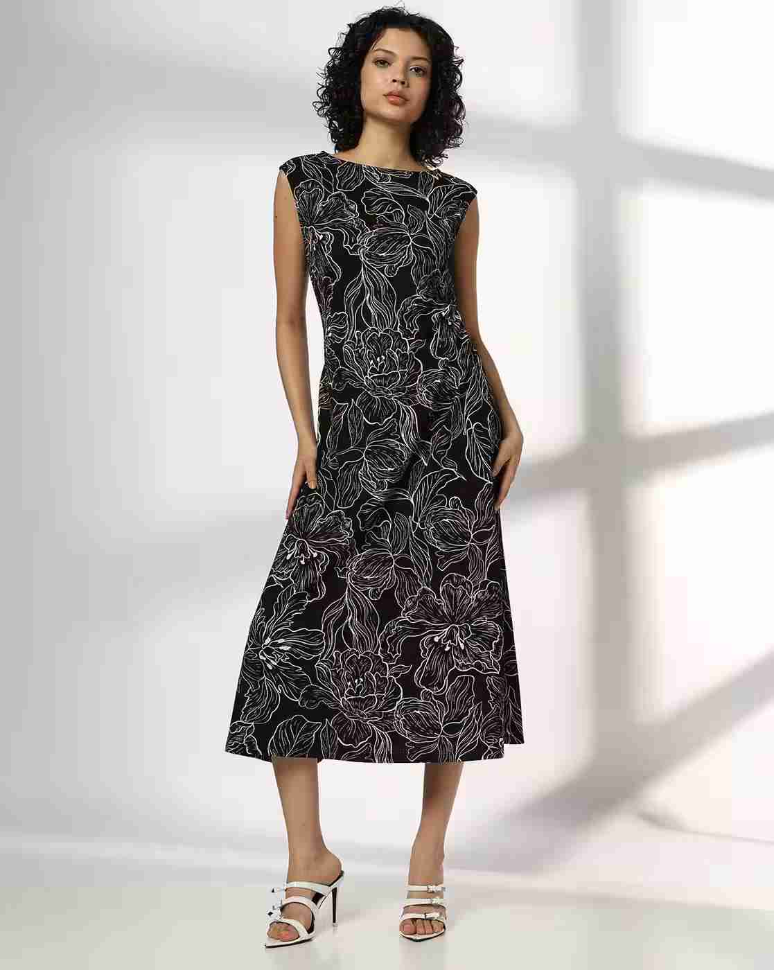 FIG | Women Floral Print Boat-Neck A-Line Dress|0