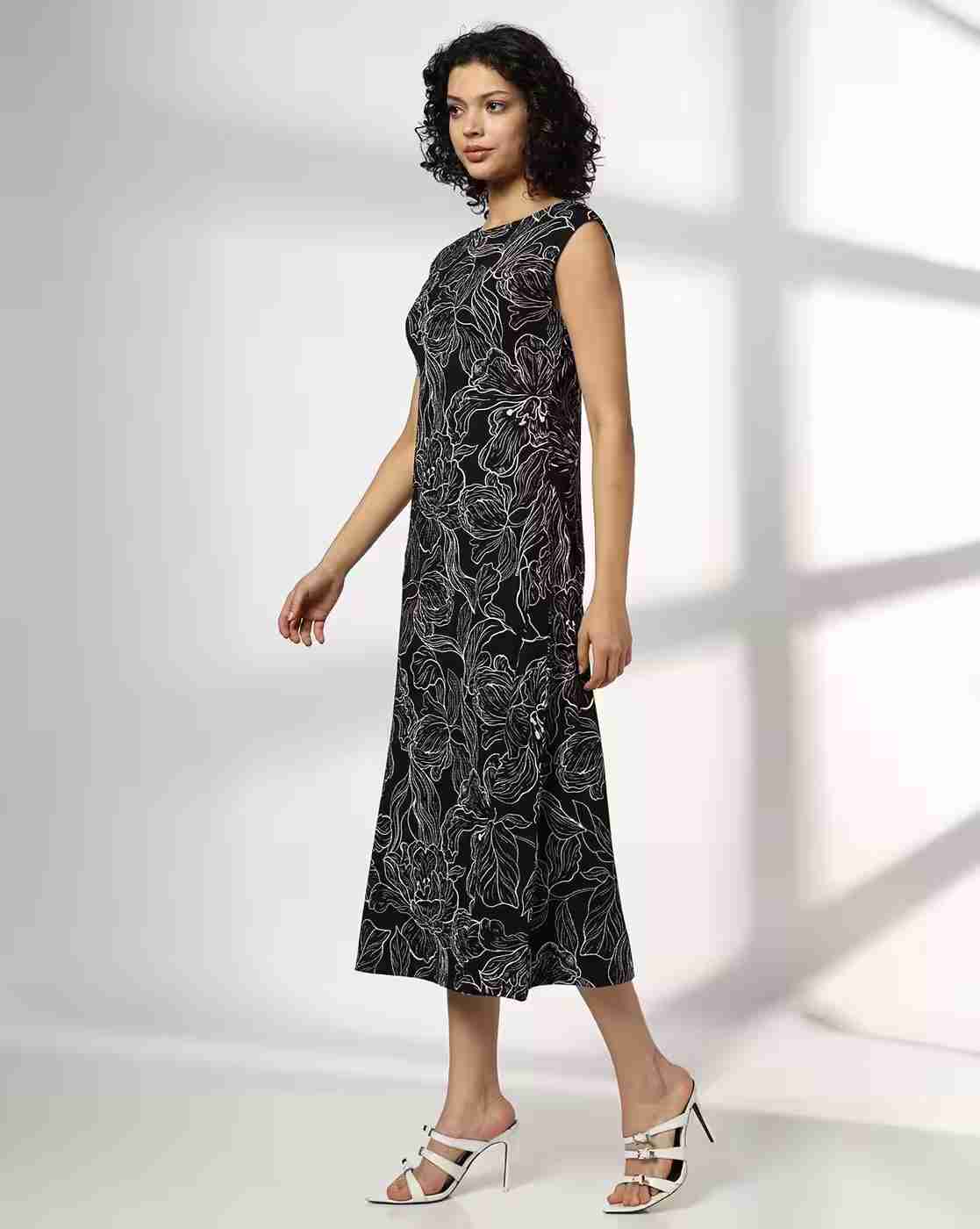 FIG | Women Floral Print Boat-Neck A-Line Dress|1