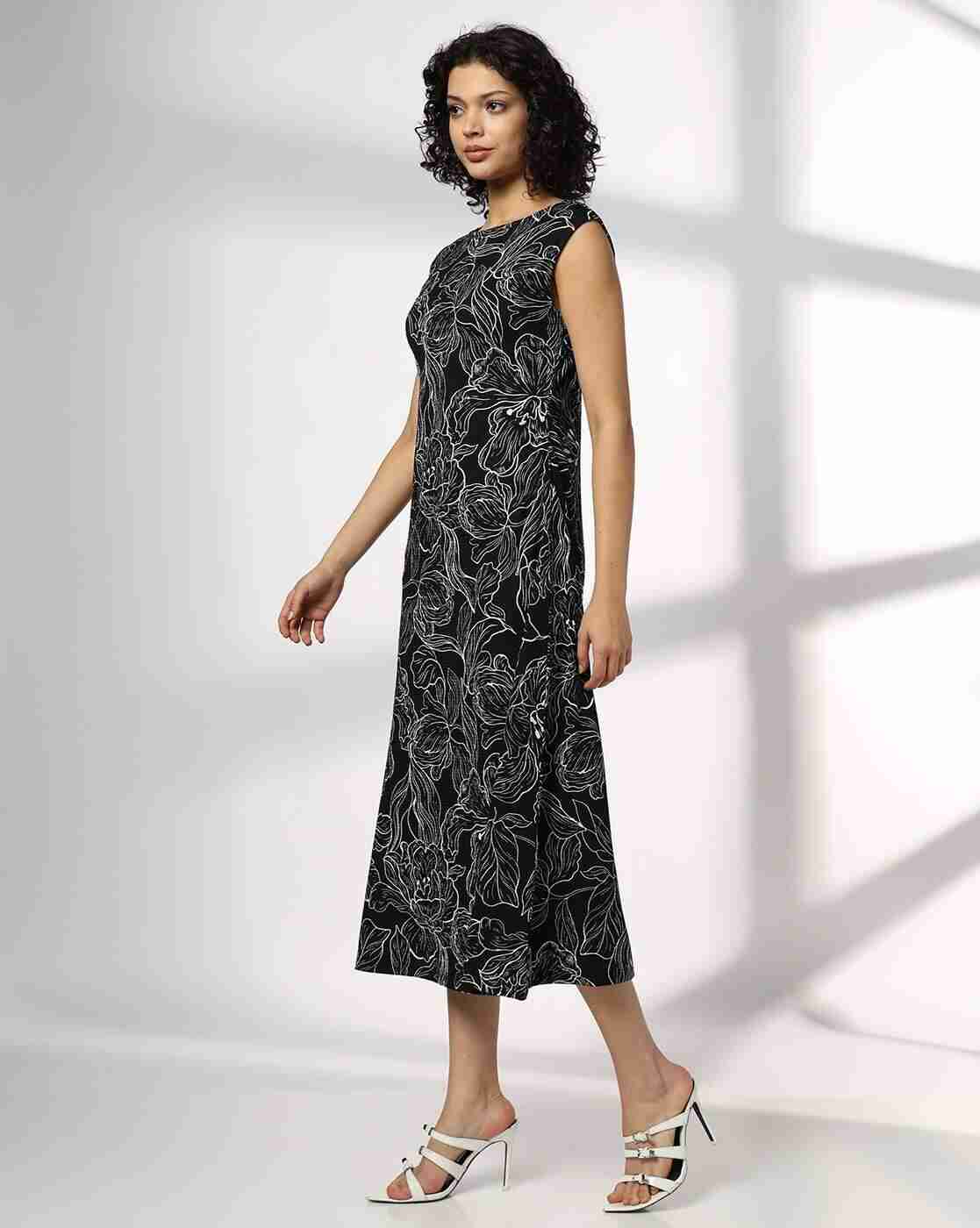 FIG | Women Floral Print Boat-Neck A-Line Dress|1