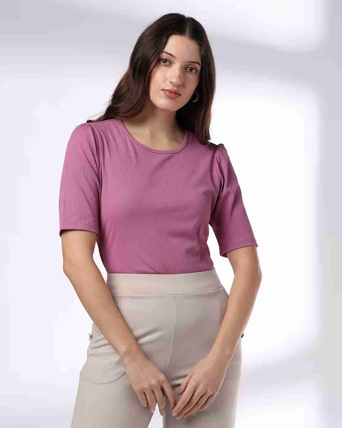 FIG | Women Ribbed Relaxed Fit Crew-Neck T-Shirt|0