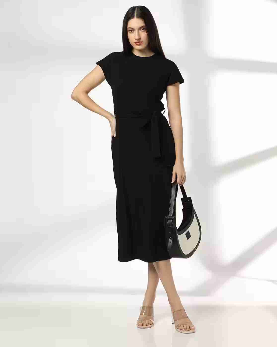 FIG | Women Ribbed Round-Neck A-Line Dress with Tie-Up Belt|0