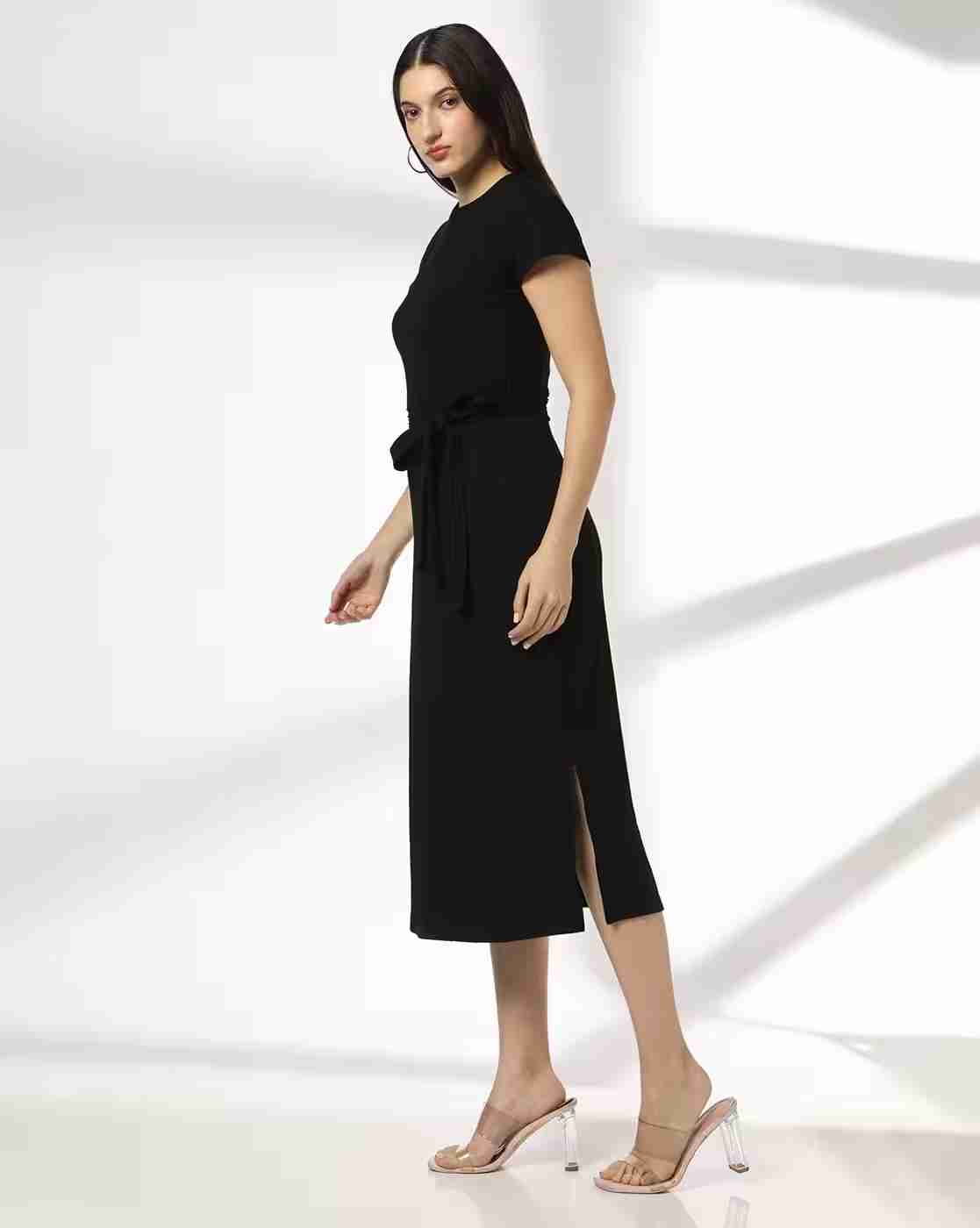 FIG | Women Ribbed Round-Neck A-Line Dress with Tie-Up Belt|1