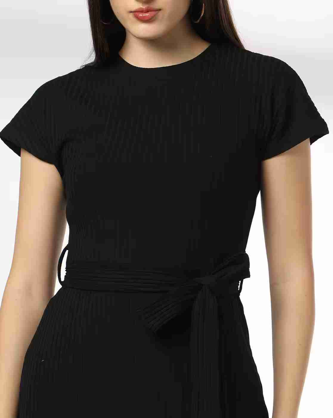 FIG | Women Ribbed Round-Neck A-Line Dress with Tie-Up Belt|3