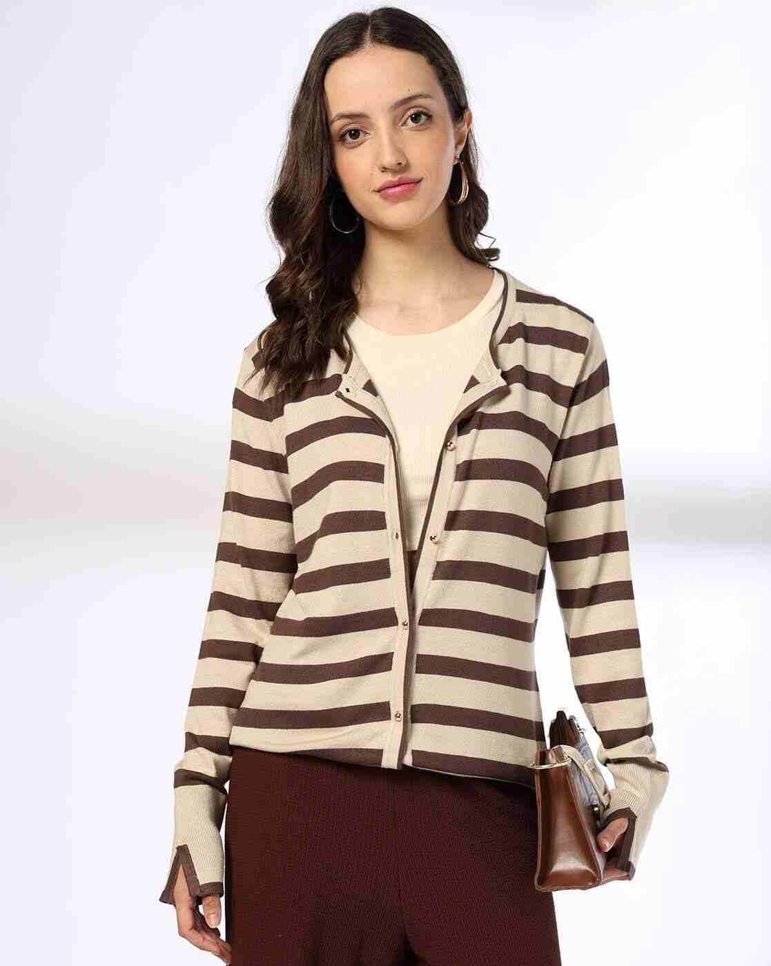 FIG | Women Striped Round-Neck Cardigan|0