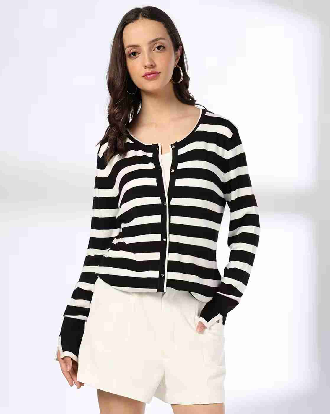 Women Striped Round-Neck Cardigan