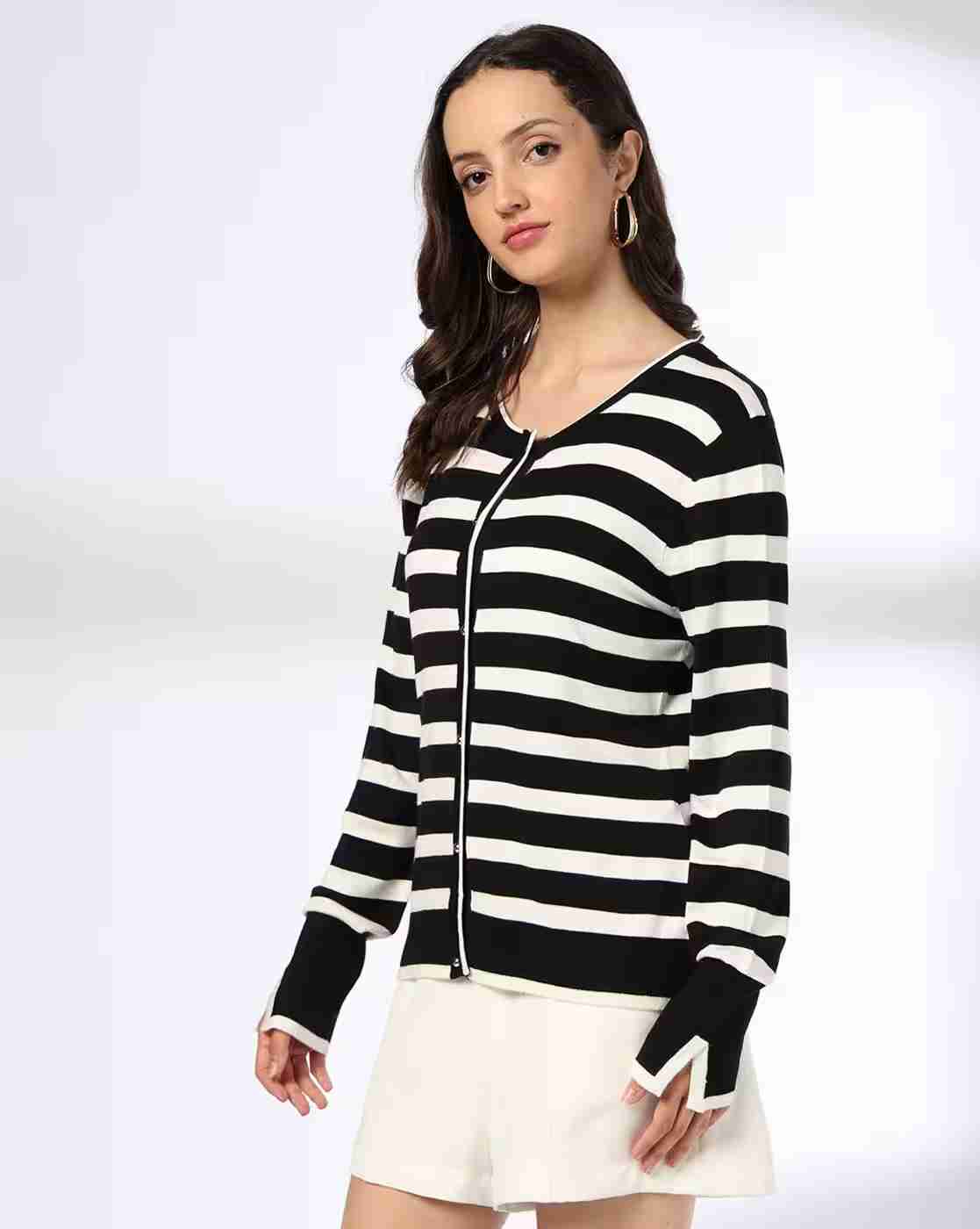 FIG | Women Striped Round-Neck Cardigan|1
