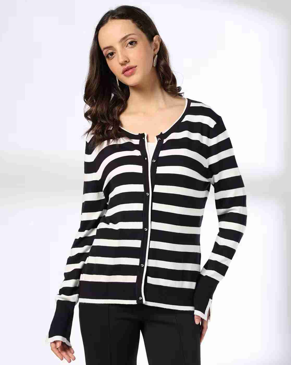 Women Striped Round-Neck Cardigan