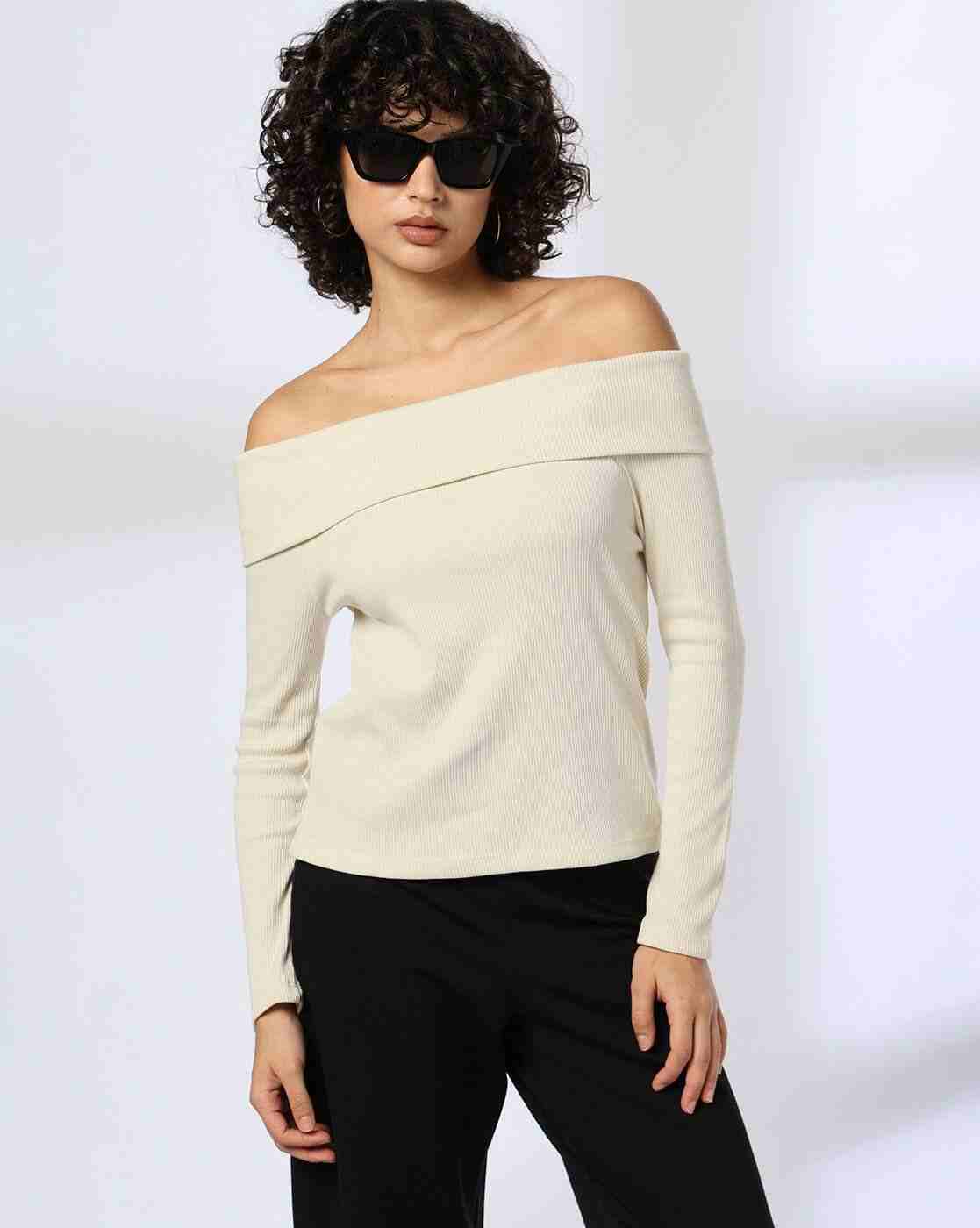 FIG | Women Ribbed Off-Shoulder Slim Fit Top|0