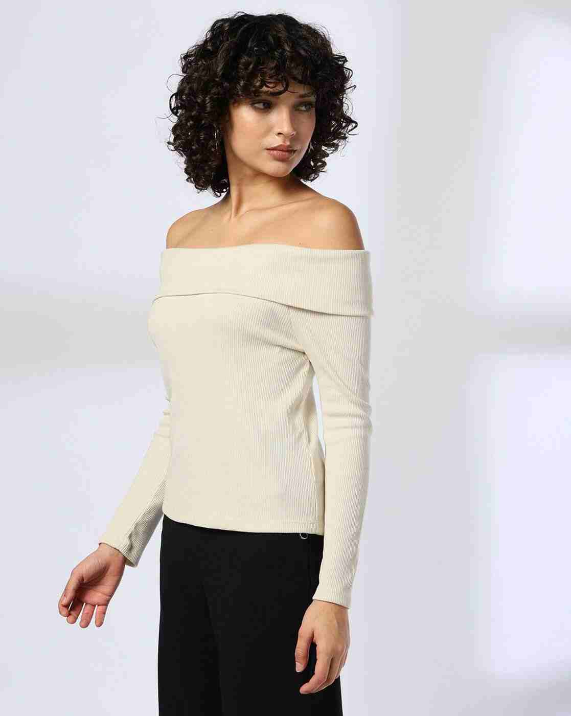 FIG | Women Ribbed Off-Shoulder Slim Fit Top|1