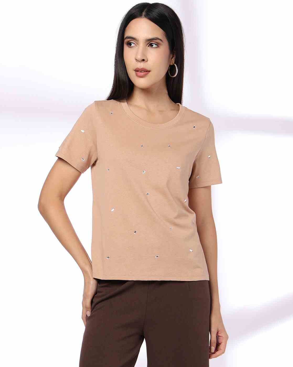 FIG | Women Embellished Relaxed Fit Round-Neck T-Shirt|0