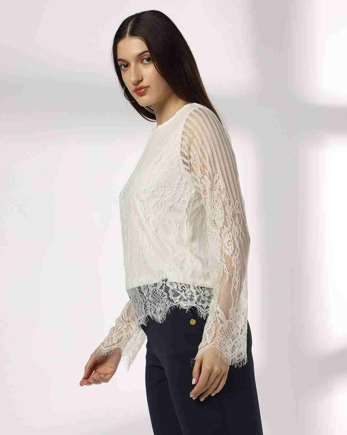 FIG | Women Relaxed Fit Lace Top with Eyelash Hem|1
