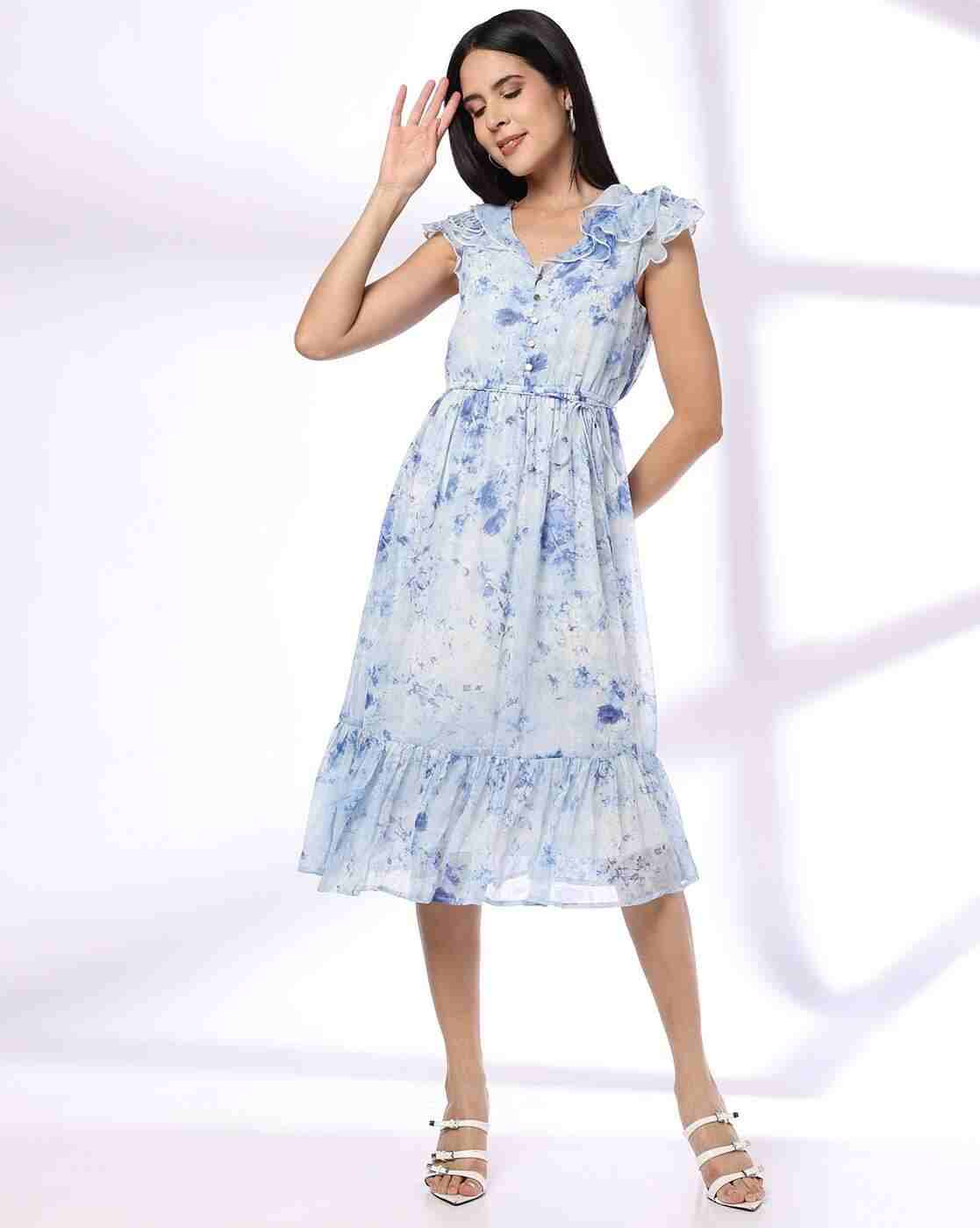 FIG | Women Floral Print V-Neck A-Line Dress|0