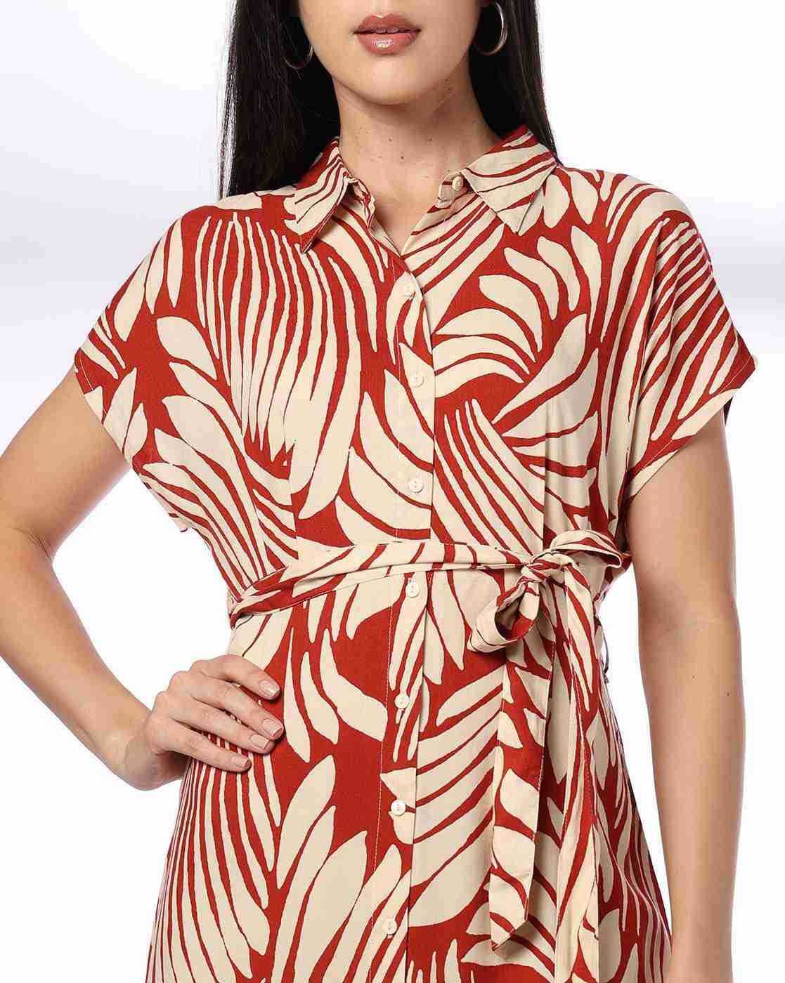 FIG | Women Printed Shirt Dress with Tie-Up Belt|3