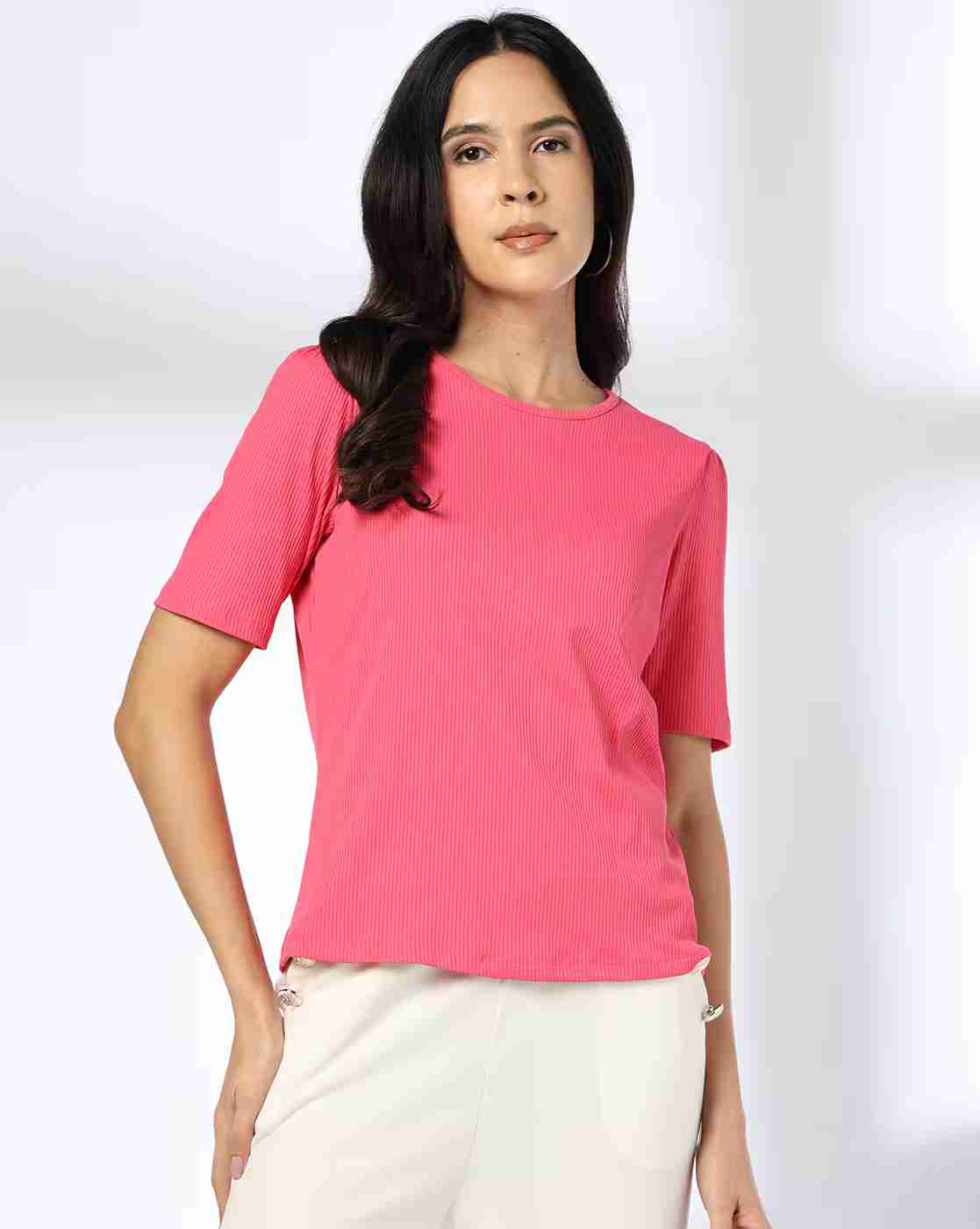 FIG | Women Ribbed Relaxed Fit Crew-Neck T-Shirt|0