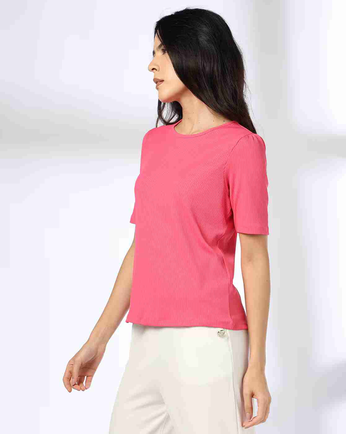 FIG | Women Ribbed Relaxed Fit Crew-Neck T-Shirt|1