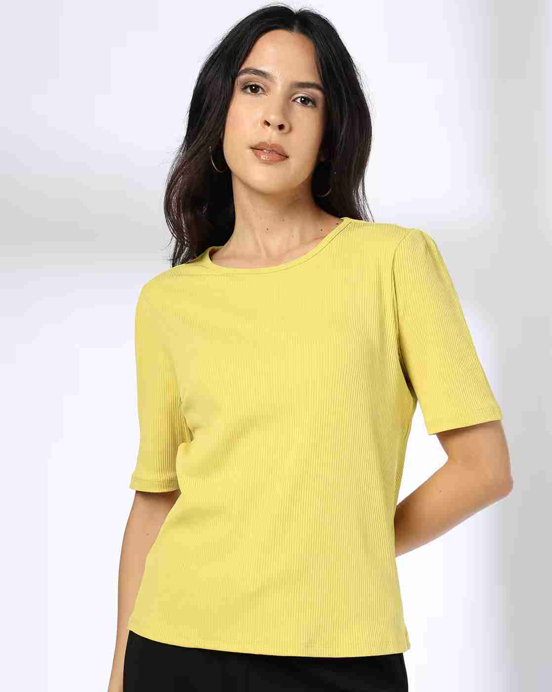 Women Ribbed Relaxed Fit Crew-Neck T-Shirt