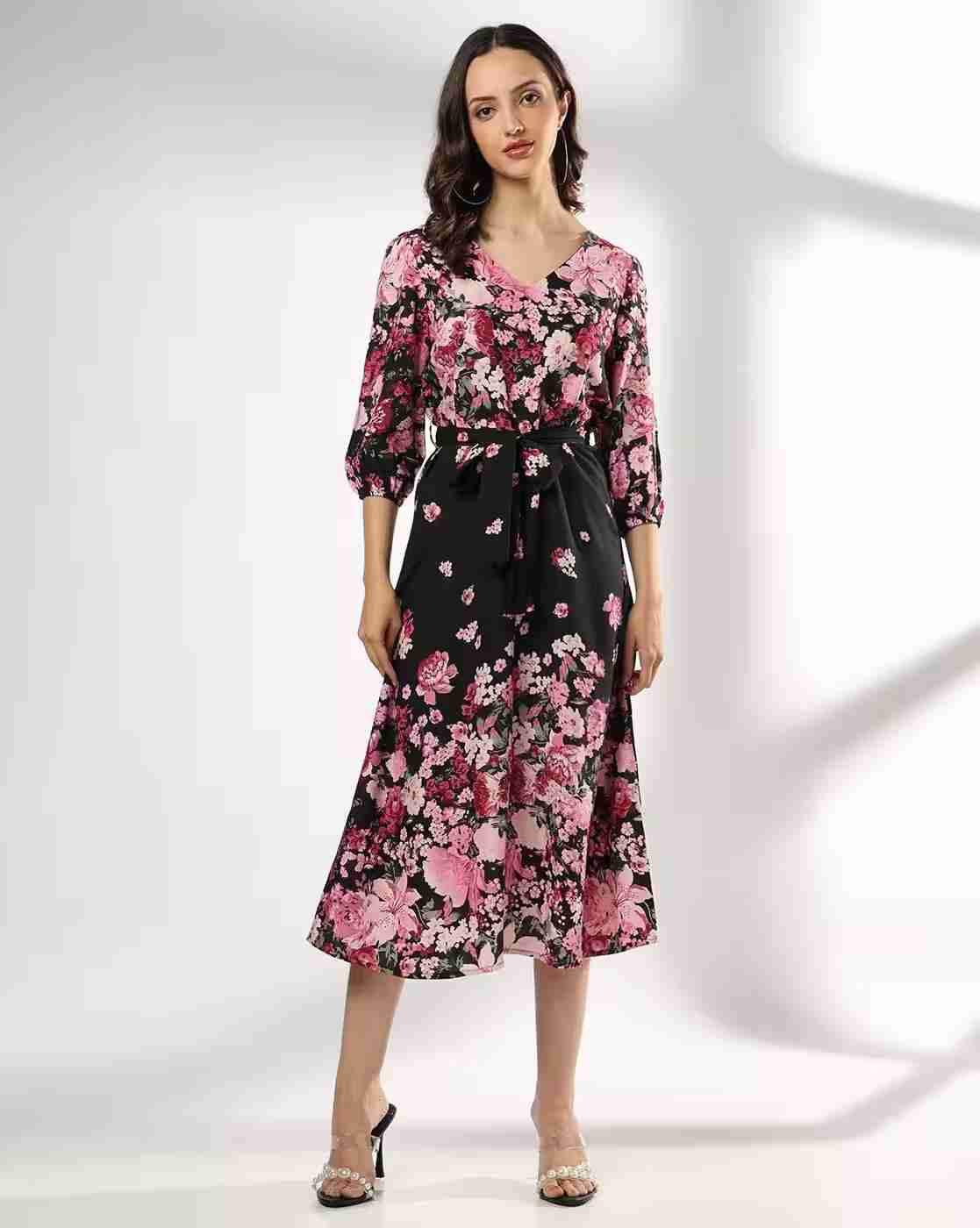 Women Floral Print V-Neck Wrap Dress