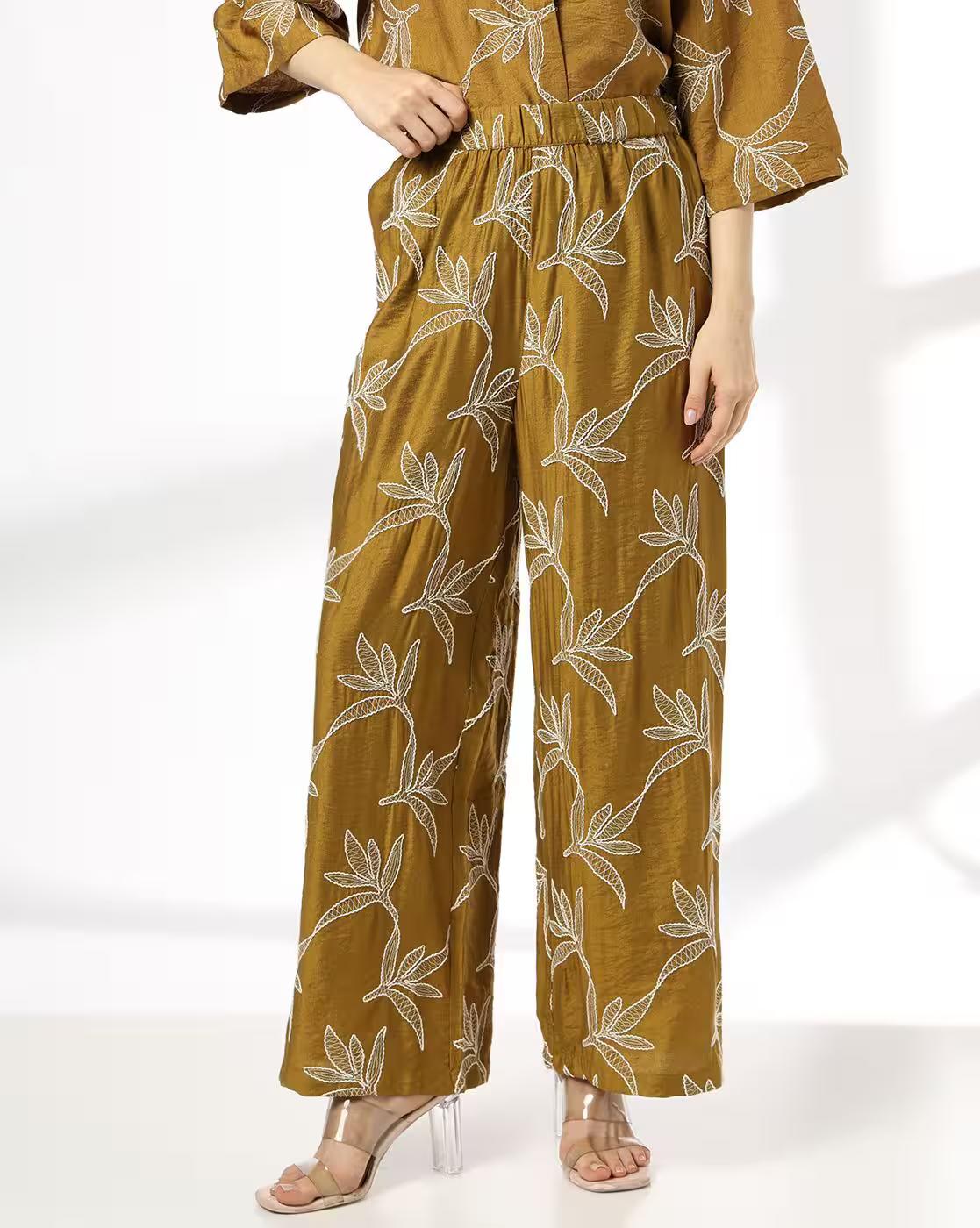 FIG | Women Embroidered Wide-Leg Pleated Pants|0