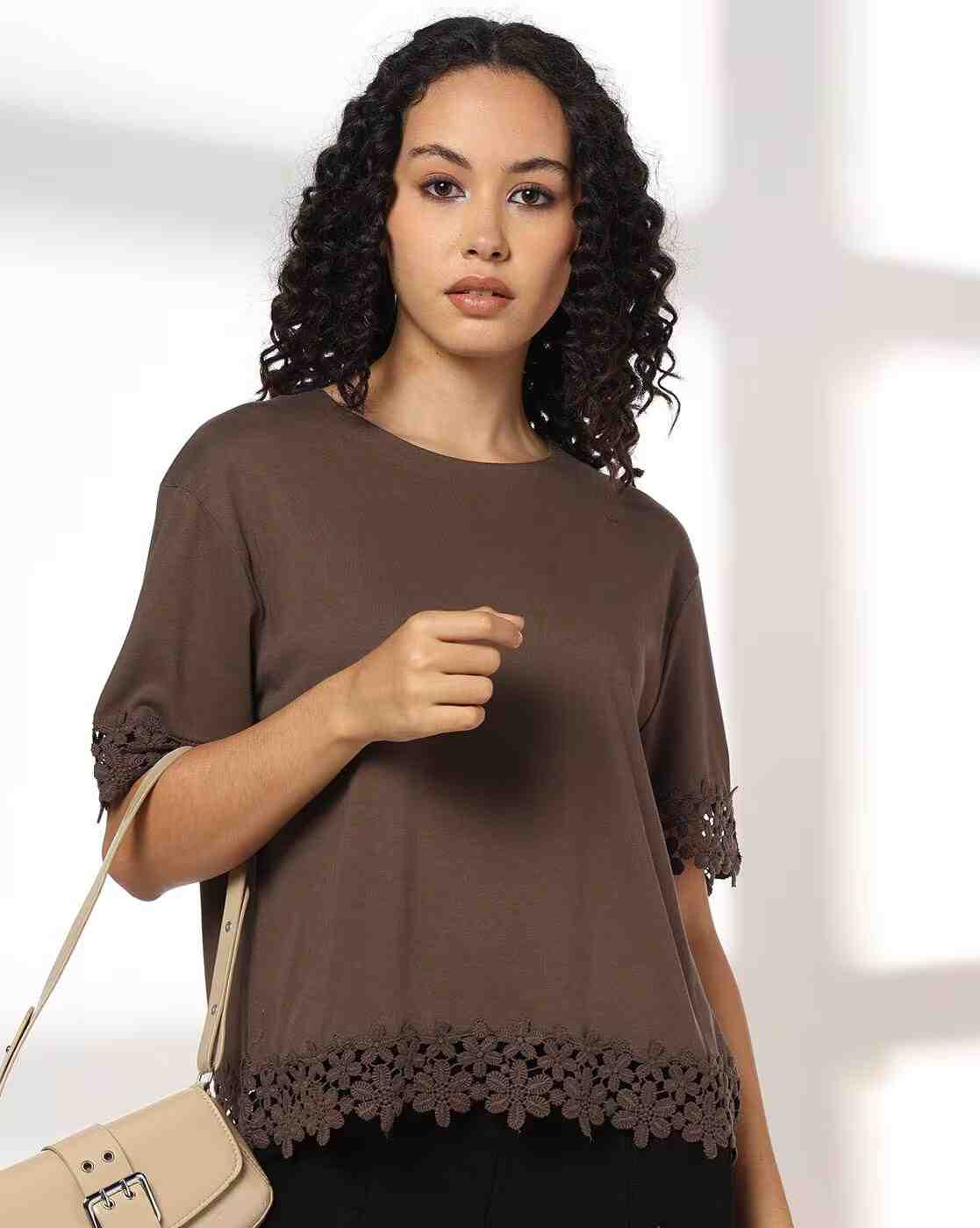 FIG | Women Regular Fit Crew-Neck T-Shirt with Lace Trim|0