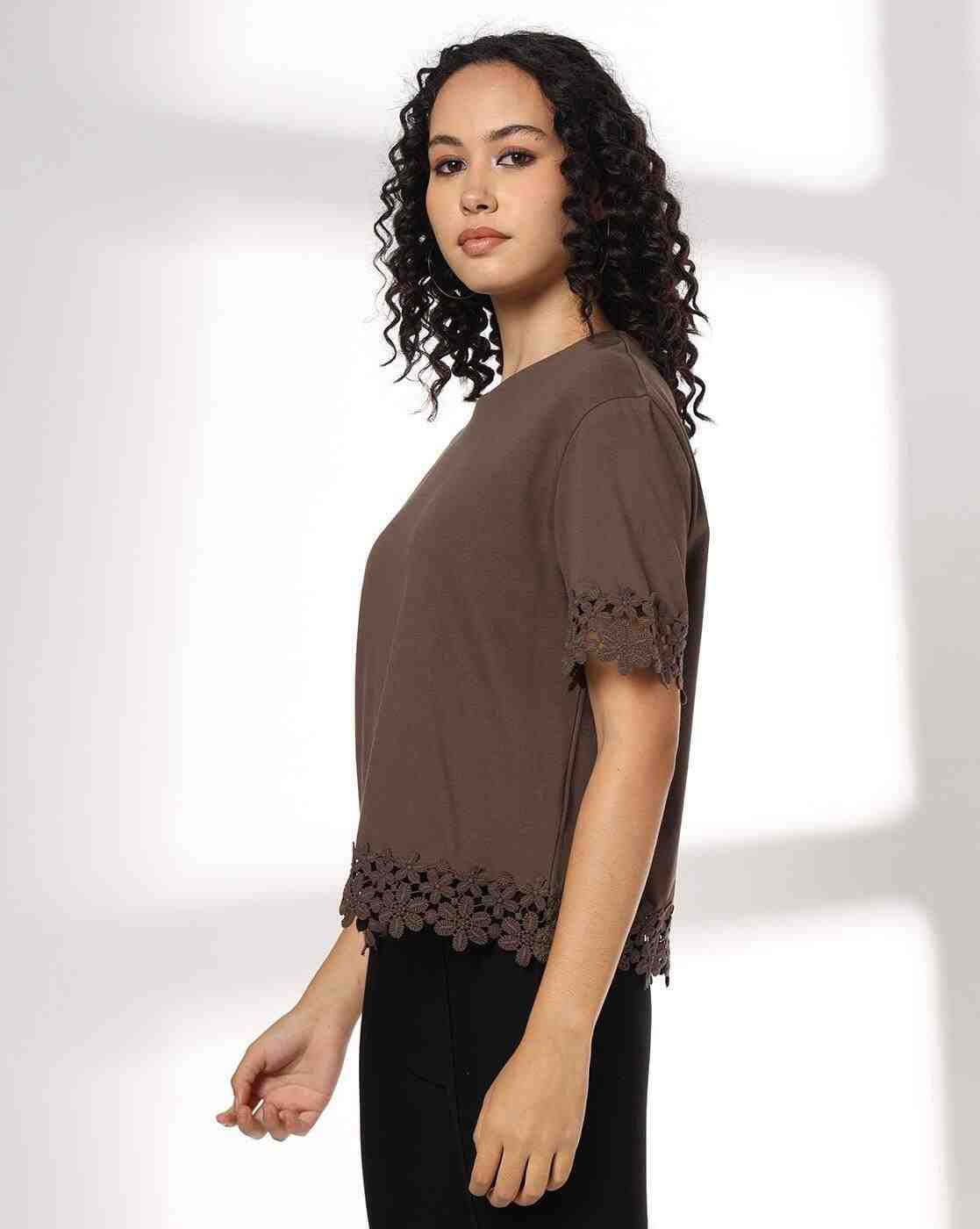 FIG | Women Regular Fit Crew-Neck T-Shirt with Lace Trim|1