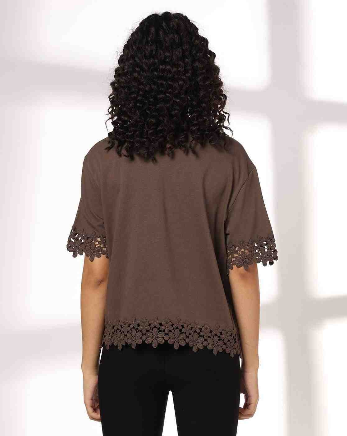 FIG | Women Regular Fit Crew-Neck T-Shirt with Lace Trim|2