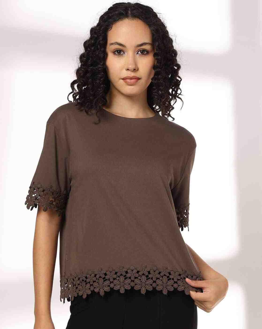 FIG | Women Regular Fit Crew-Neck T-Shirt with Lace Trim|3