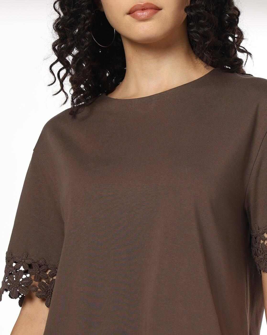FIG | Women Regular Fit Crew-Neck T-Shirt with Lace Trim|4