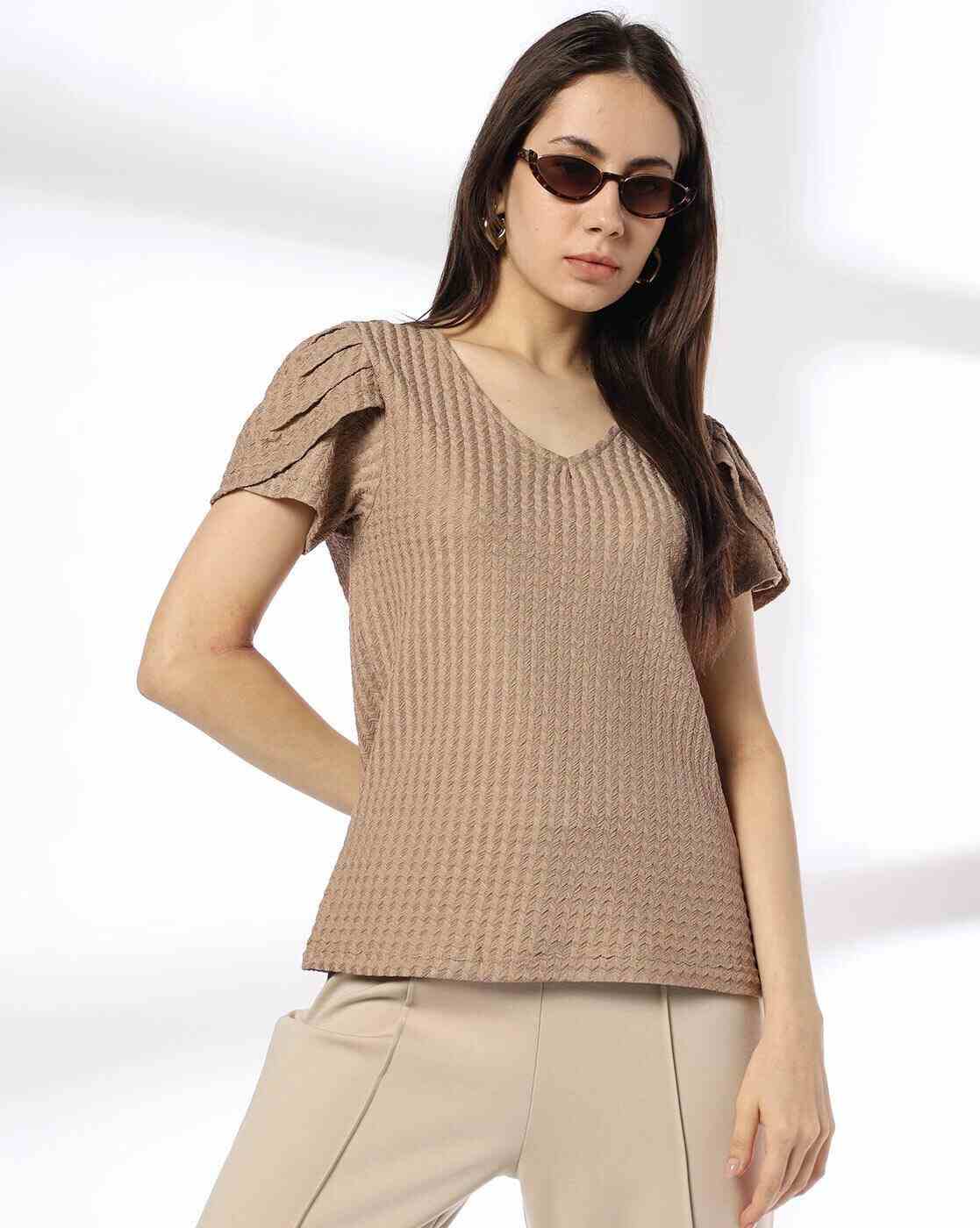 FIG | Women Striped Regular Fit V-Neck Top|0