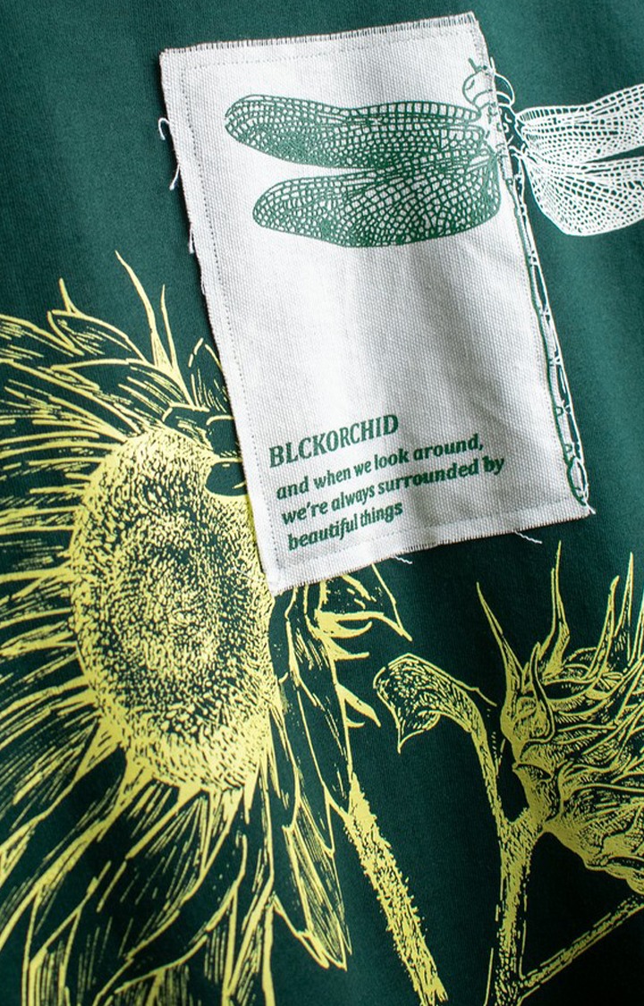 Unisex Finding Peace Green Cotton Printed Oversized T-Shirt