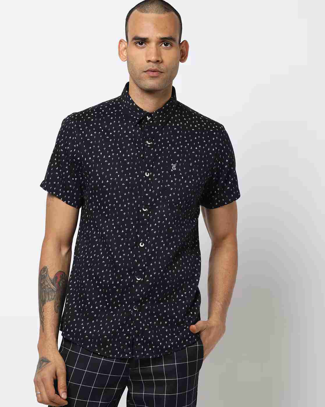 Micro Print Shirt with Patch Pocket