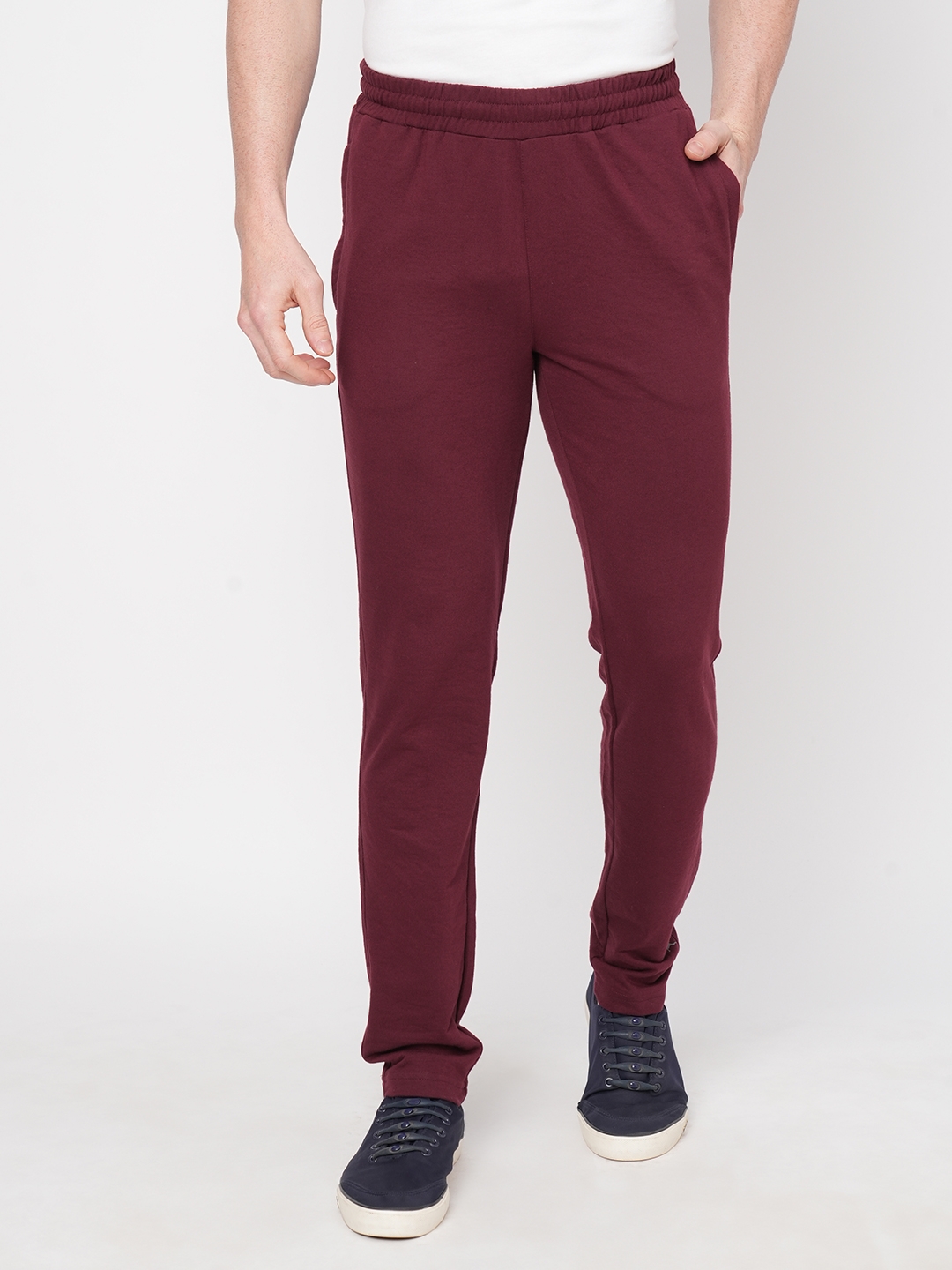 Men's Slim Fit Wine Red Cotton Blend Casual Joogers