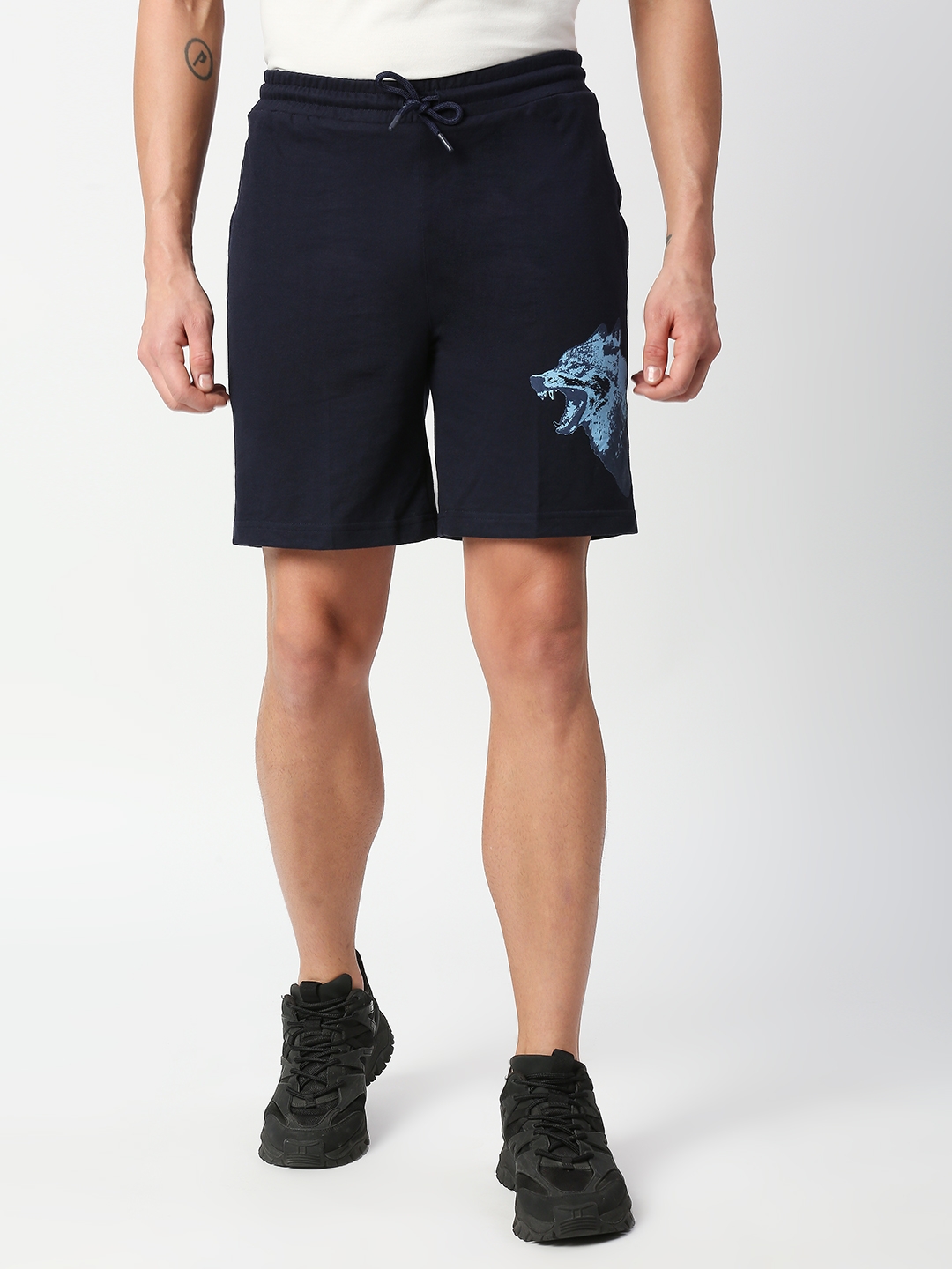 Fitz Fox Print French Terry Regular Fit Relaxed Shorts - Dark Navy