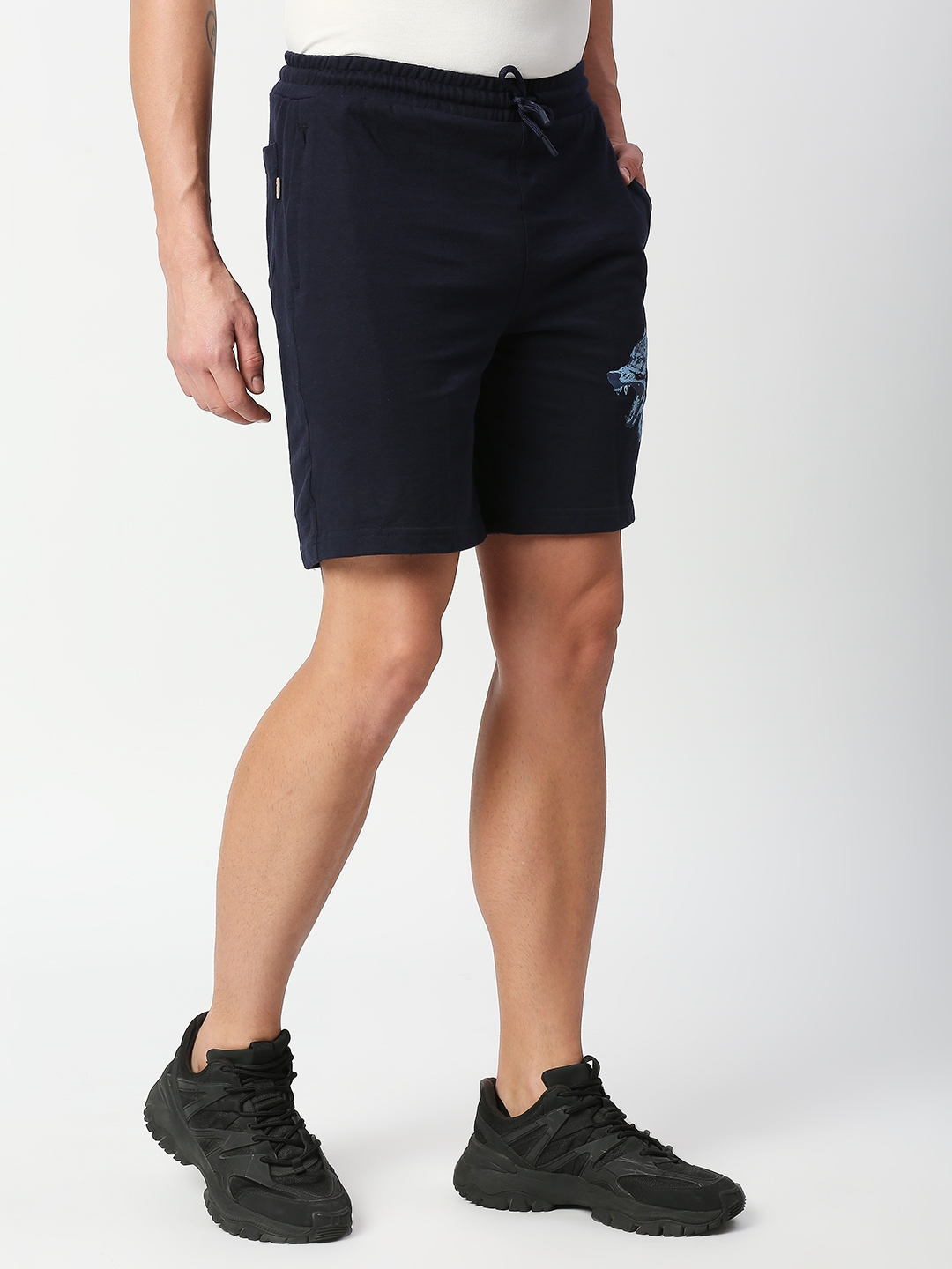 Fitz Fox Print French Terry Regular Fit Relaxed Shorts - Dark Navy