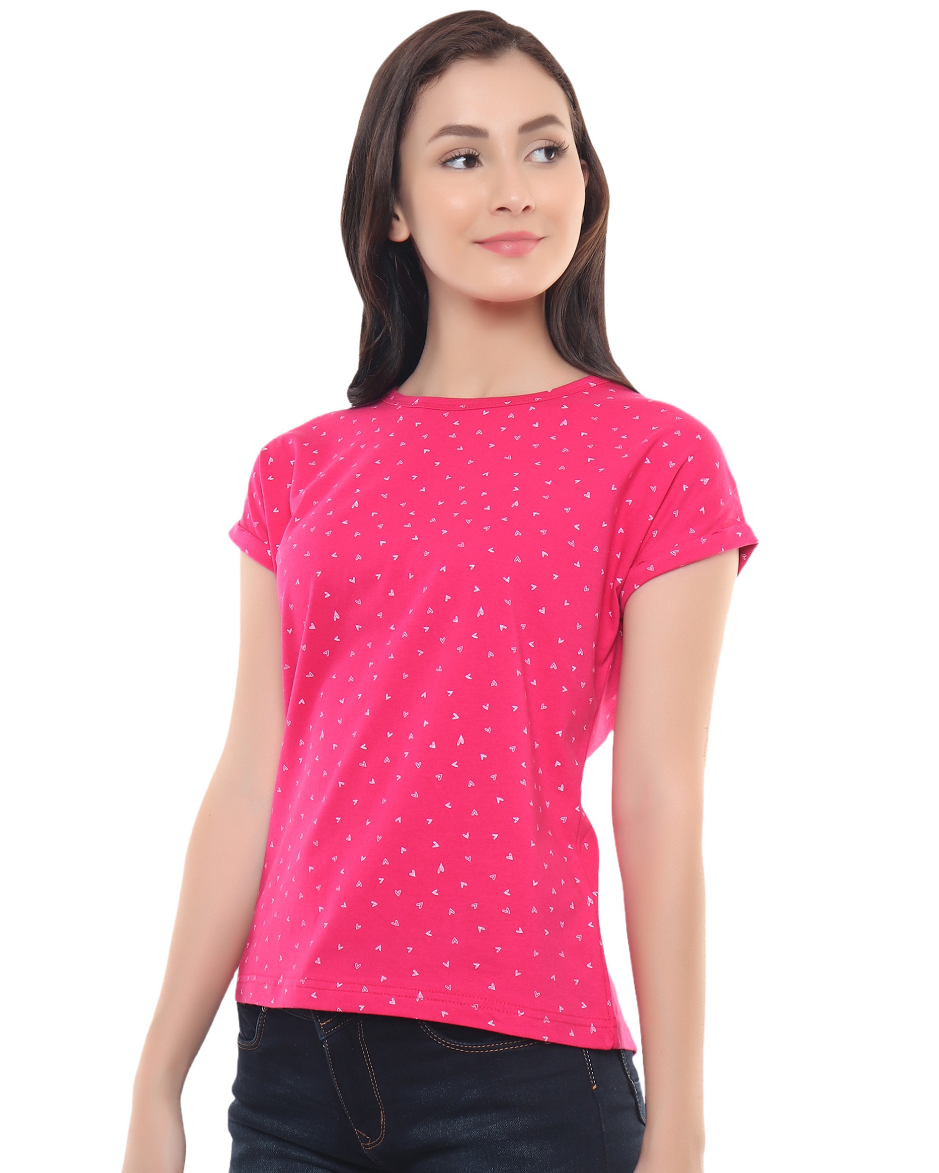Magenta Printed Cotton T Shirt