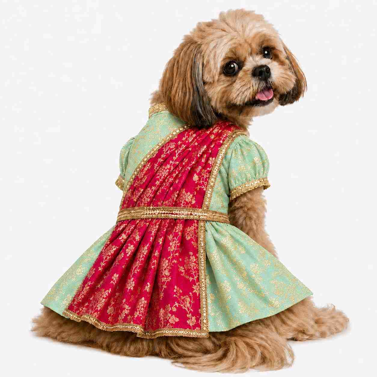 PawsIndia Traditional Heavy Brocade Zari Saree for Dogs - Ice Blue & Pink