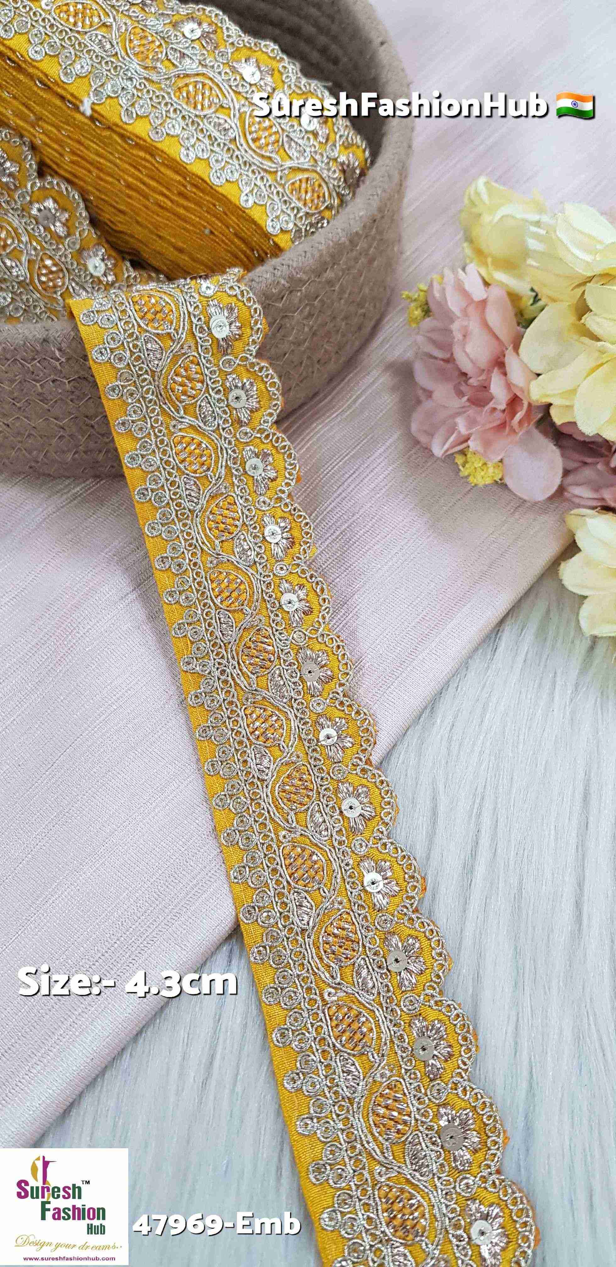 Mustard Yellow Pearl Blossom Scallop Embroidery Lace