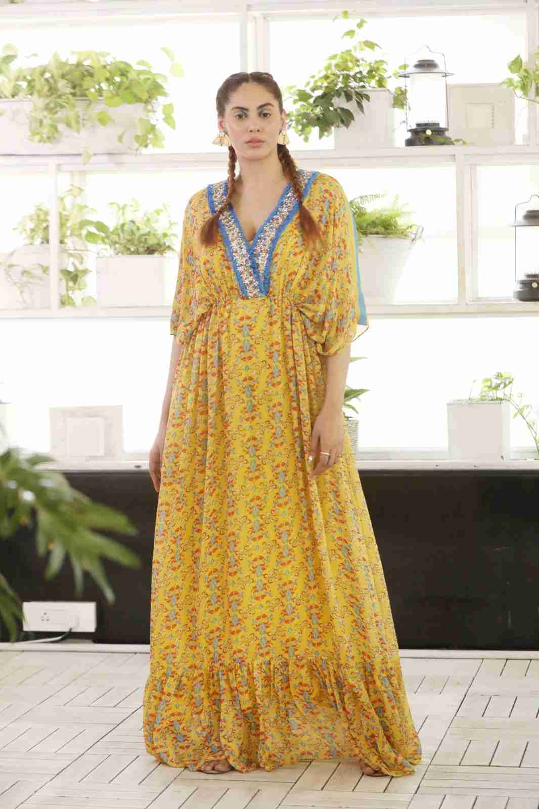 Yellow Printed Long Kaftan Dress