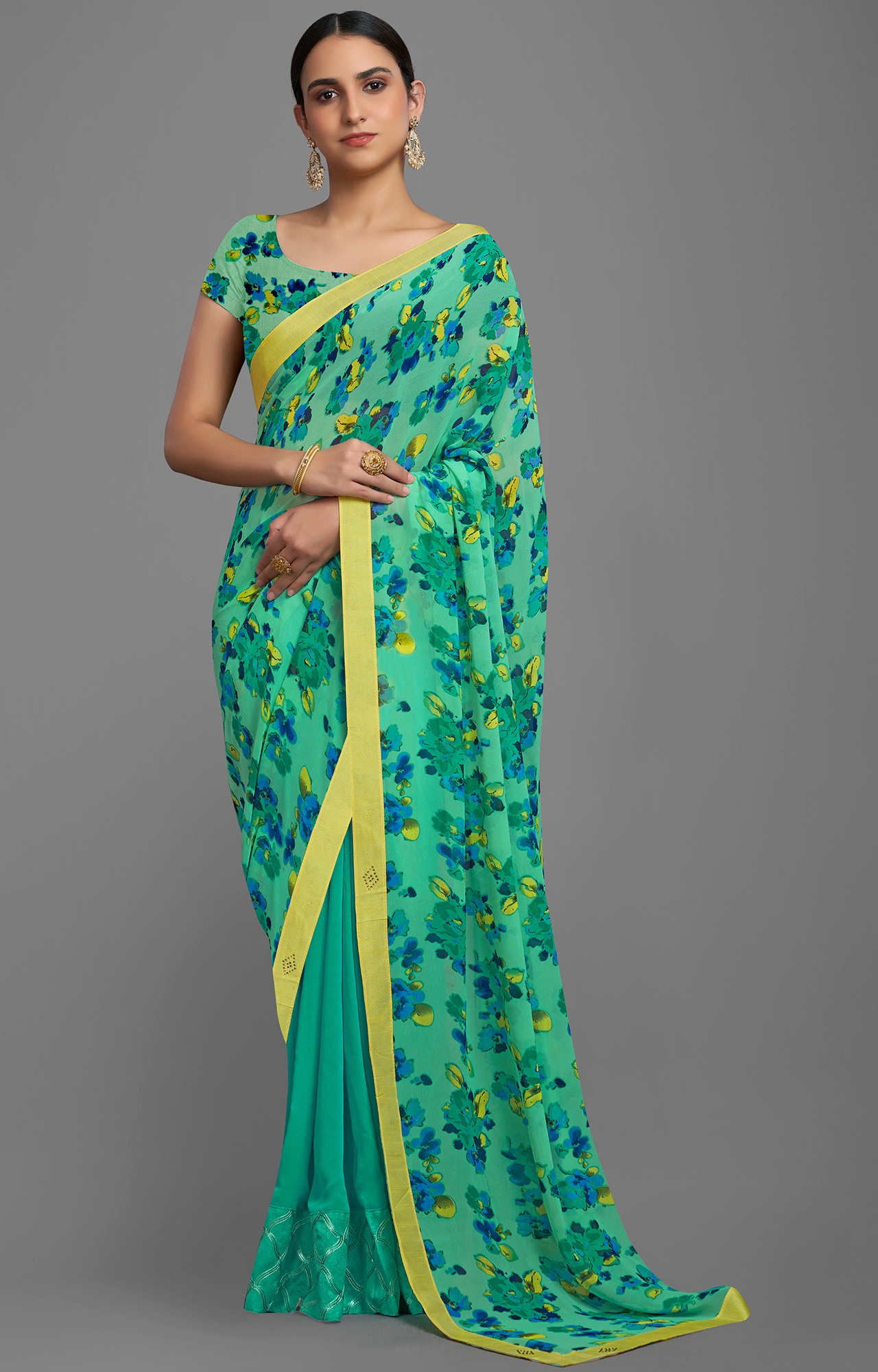 Women's Light Green Georgette Floral Print Half N Half Saree-SHAMA6671SSSR004