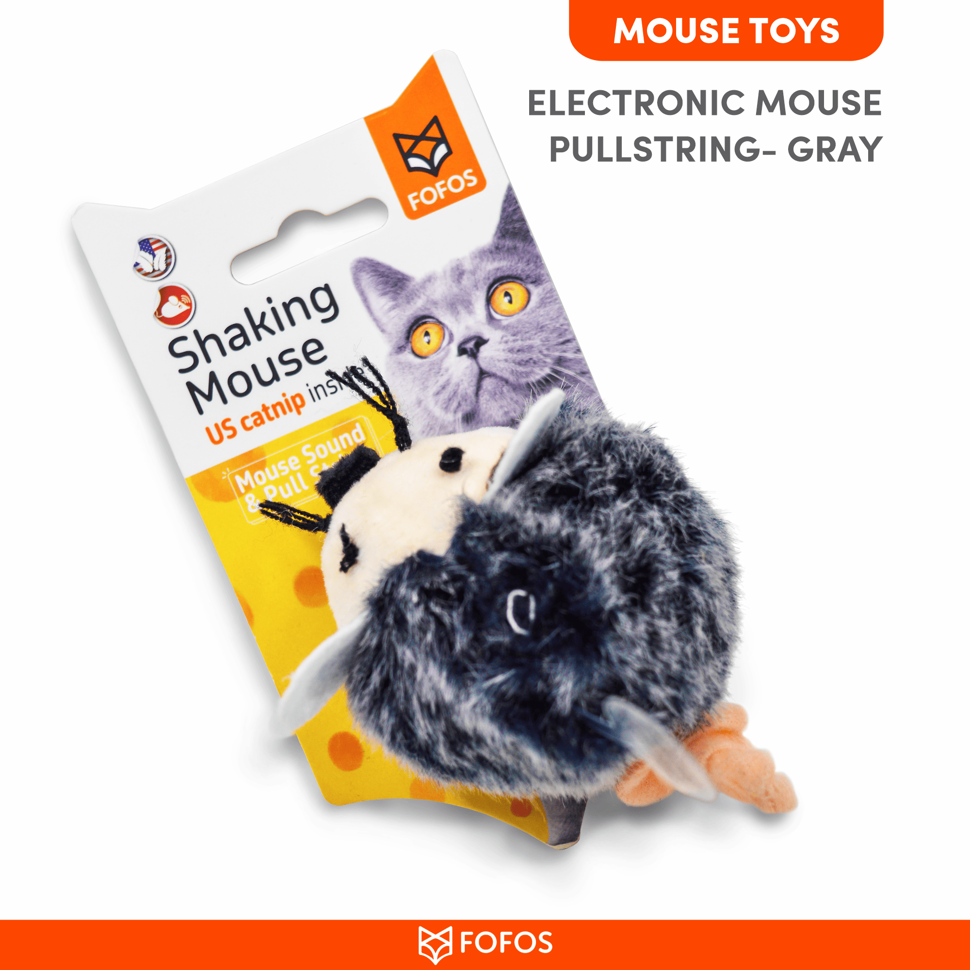 FOFOS Pull String & Sound Chip Mouse Shaped Electronic Toy for Cats (Grey)