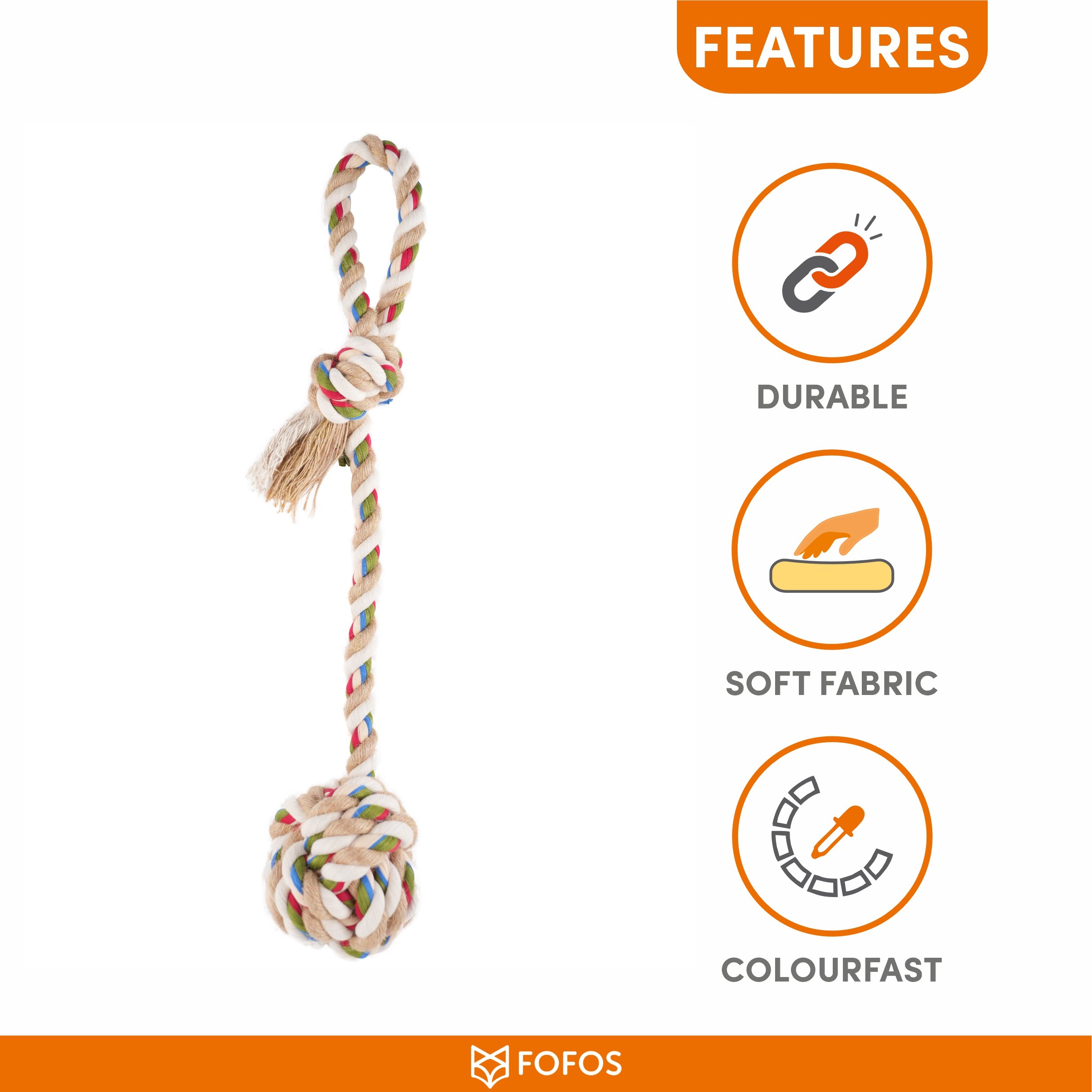 FOFOS Flossy Three Knots Rope with Ball Toy For Dogs