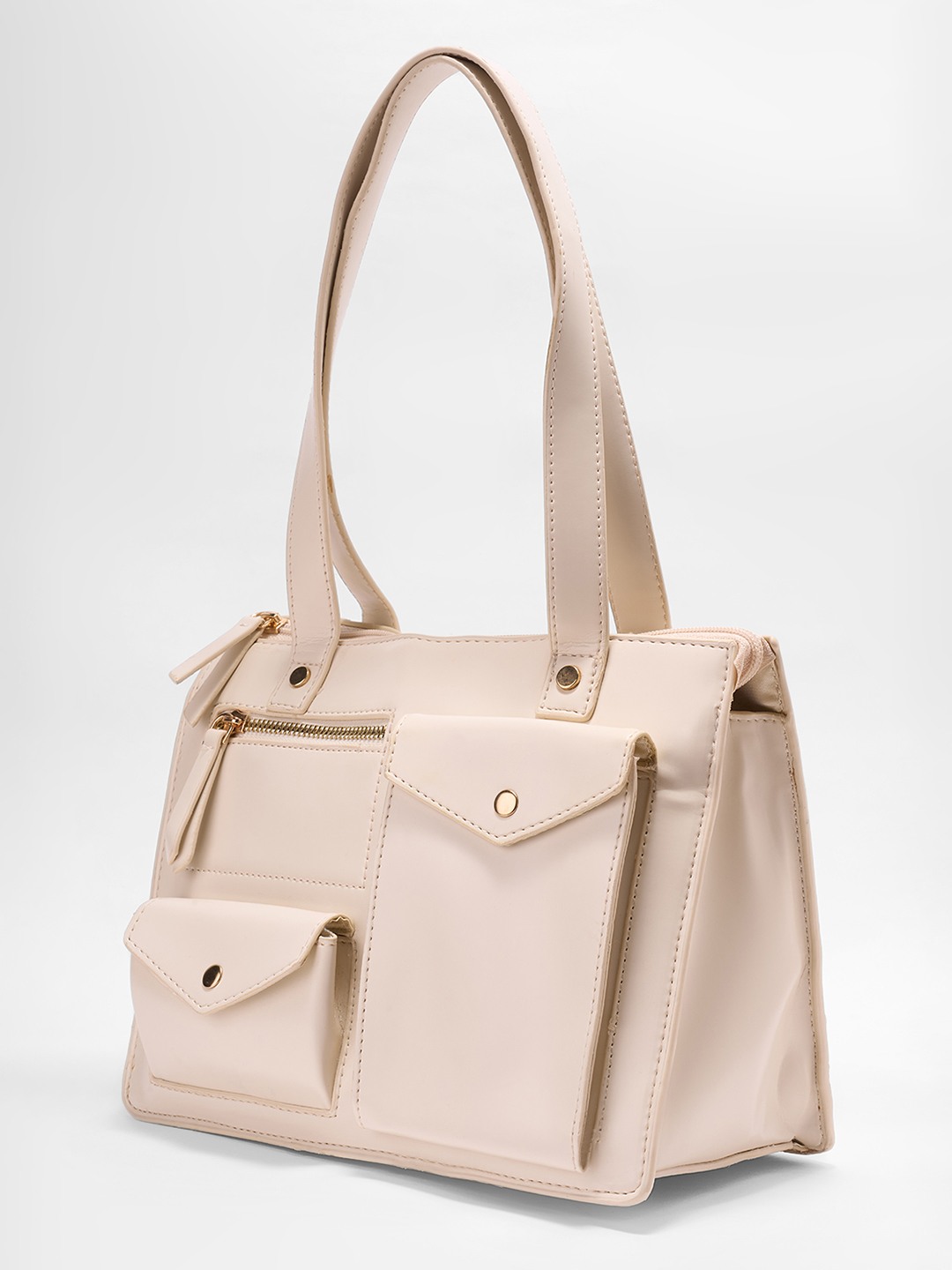 Cream Structured Multi-Pocket Shoulder Bag