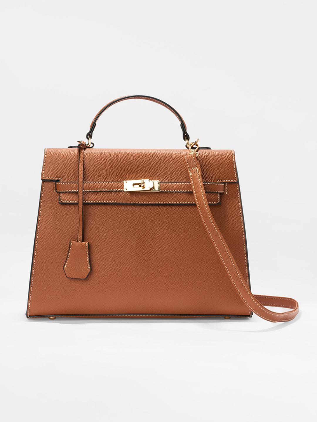 Tan Structured Top-Handle Shoulder Bag