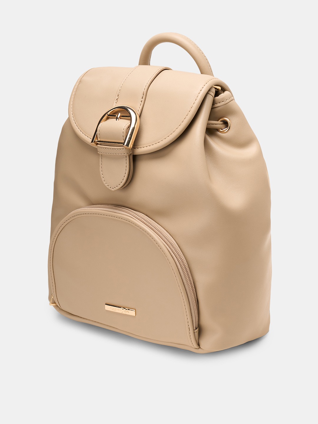 Beige Solid Structured Backpack with Buckle Flap